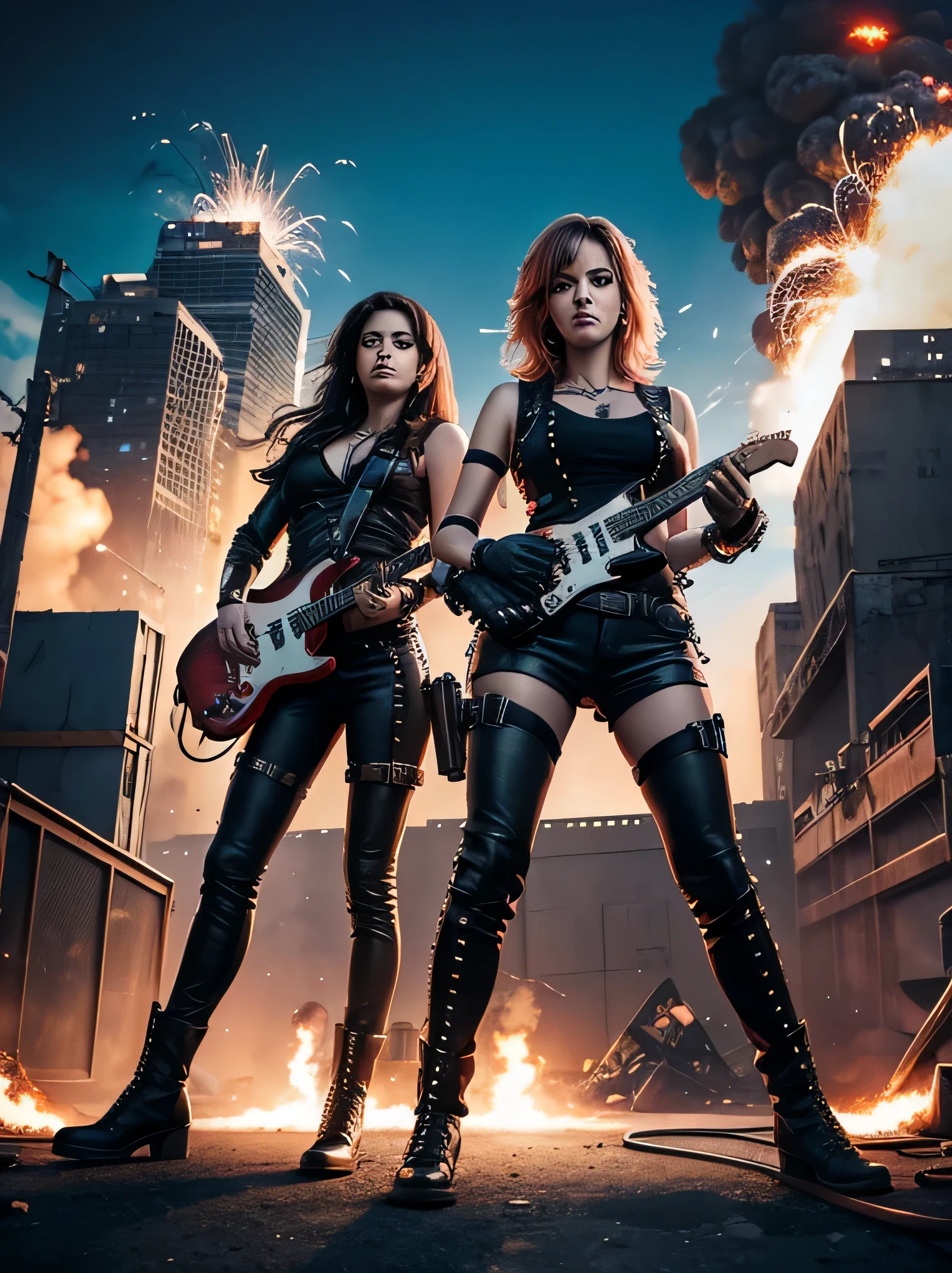 Banda feminina de metal dos anos 80, rebites, coldres, with electric guitar, movie poster , arte digital, explosions behind