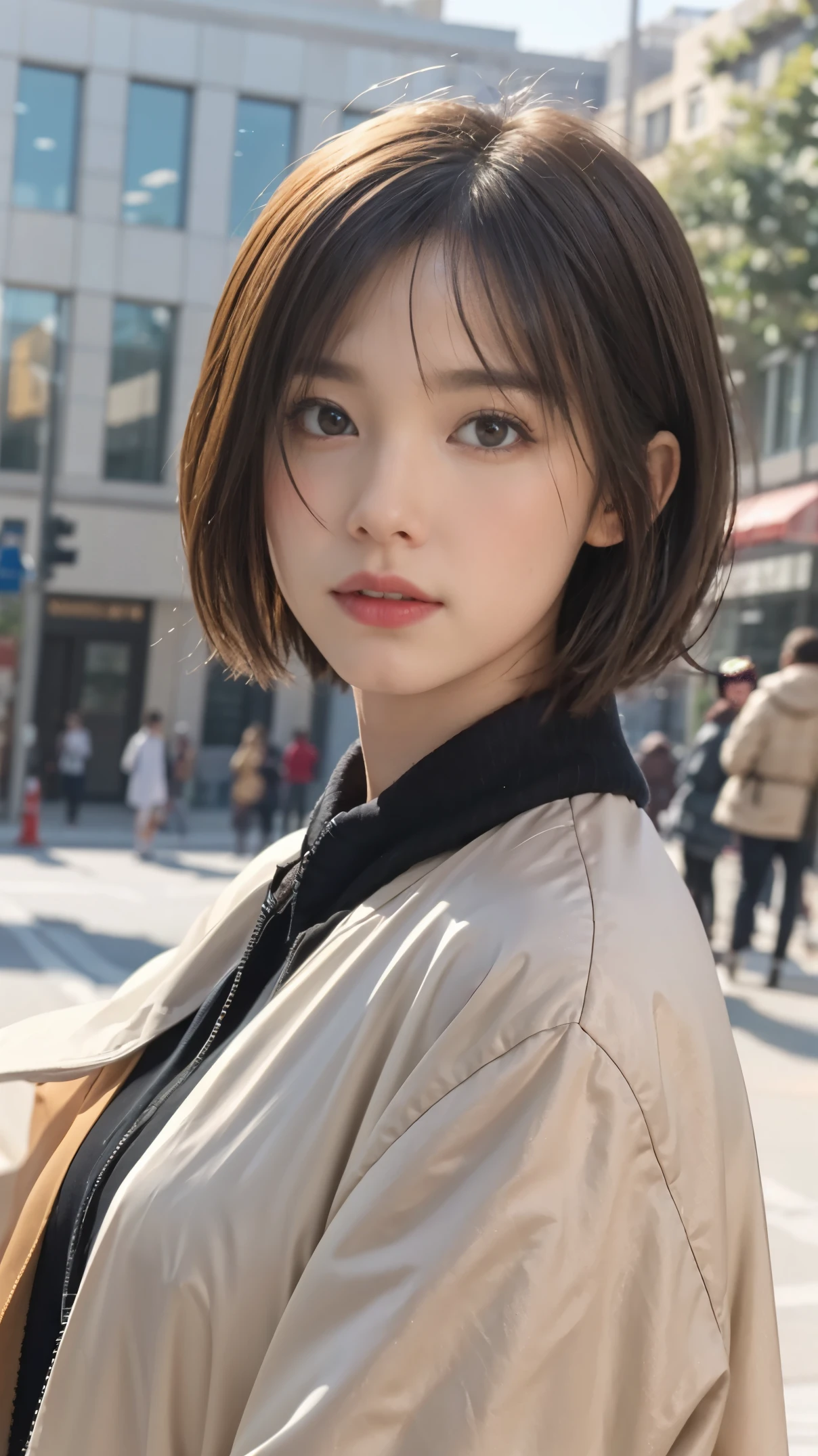 masterpiece, best quality, 8k, super detailed skin, looking off into the distance, jealous, cute, 1girl, short hair, wearing boubou, a secret society of time travelers,