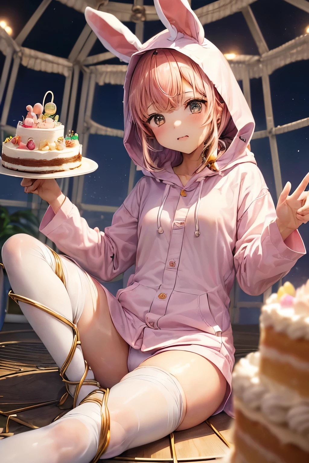 ((worst quality, low-quality)), ((Close-up)), (10 year old girl), pink hair, (ふわふわ🐰着ぐるみパジャマ:1.4), (Open pajamas:1.2), (White pajamas:1.4), Animal Hoodie, (Hood Up:1.under the hoodie, Bear ears, oversized hoodie, (ウサギのfeetの手袋を着用:1.3), feet, five fingers, ((Captive Pose:1.5)),cake,(誕生日cake:1.3), birthday celebration,birthday party scenery, best quality,Super detailed, masterpiece,