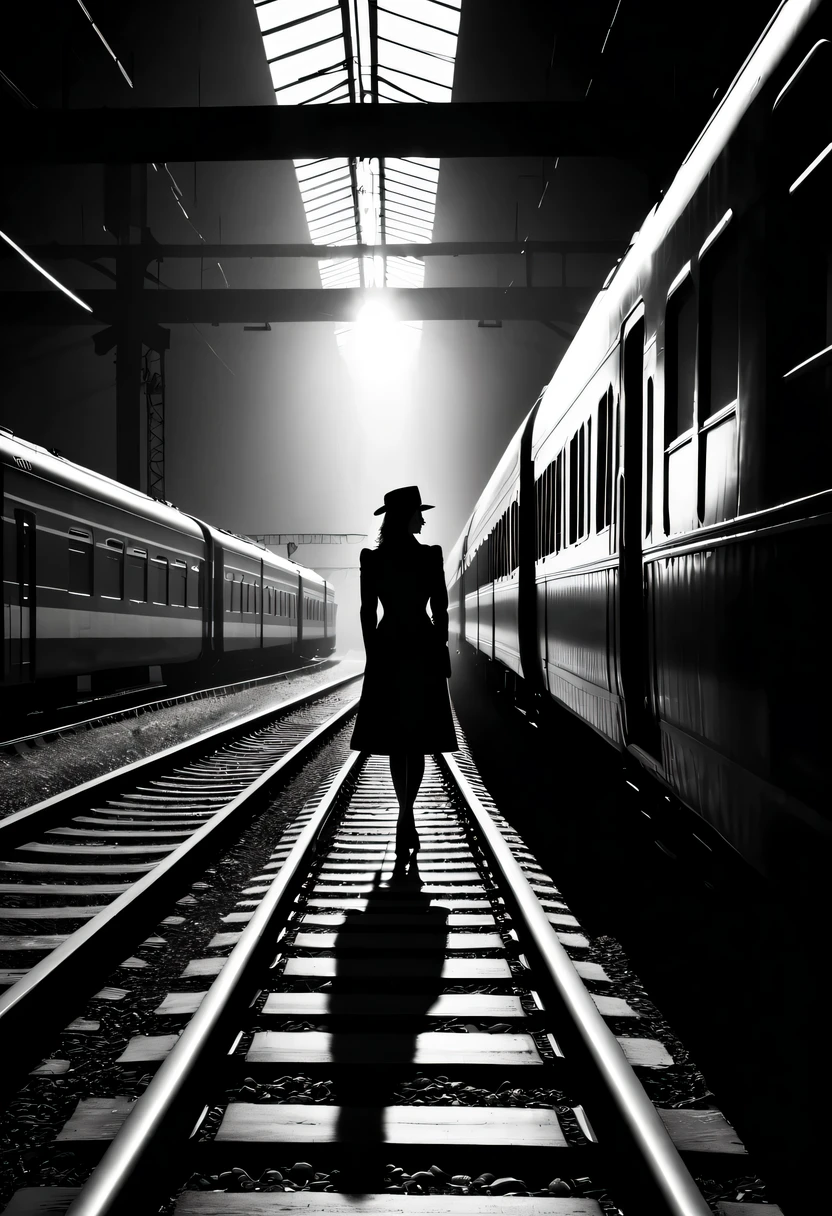 train station silhouette,beautiful woman shadow,best quality,high contrast,black and white photography,dramatic lighting,retro movie aesthetics,abstract lines and shapes,The train tracks extend into the distance,Enigmatic Atmosphere