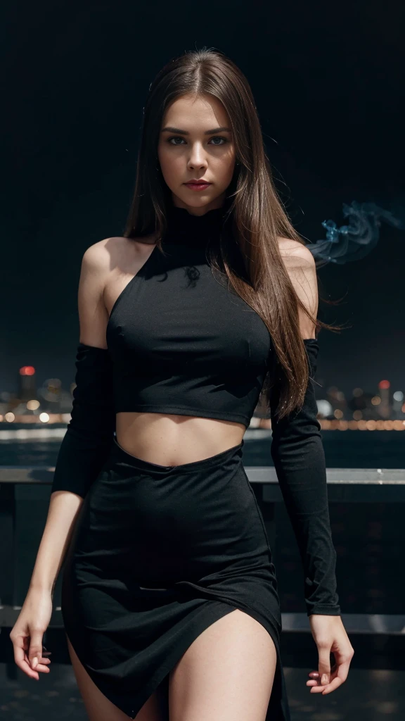 (black clothing:1.1), (blue-eyed:1.1), (blonde:1.1), (long straight hair:1.1), (dress:1.1), (crop:1.1), (best quality:1.2), (8k:1.2), (high detailing:1.2), (photo realistic:1.37), (aluring girl,hitman), (vivid colors), (sharp focus), (professional), (portrait:1.2), (studio lighting), (ultra-fine painting), (physically-based rendering), (black background), (intense gaze), (mysterious atmosphere), (city skyline), (smoke effect), (dramatic lighting), (piercing blue eyes), (sleek black outfit), (silhouette), (confident stance), (dynamic pose), (subtle smirk), (glamorous aura), (long flowing hair), (perfectly coiffed), (intricate detailing), (subtle highlights), (sheer elegance), (powerful presence).