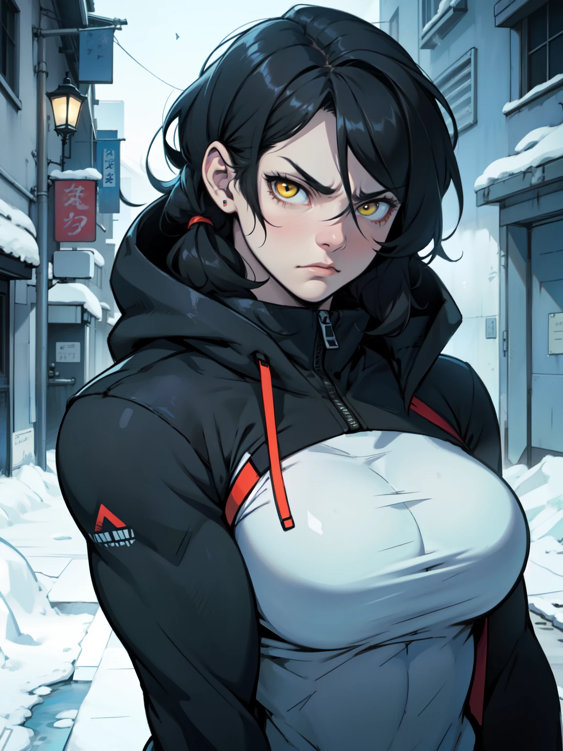 muscular girl thick breasts black hair yellow eyes pale skin best quality sad frown cold cold cold
