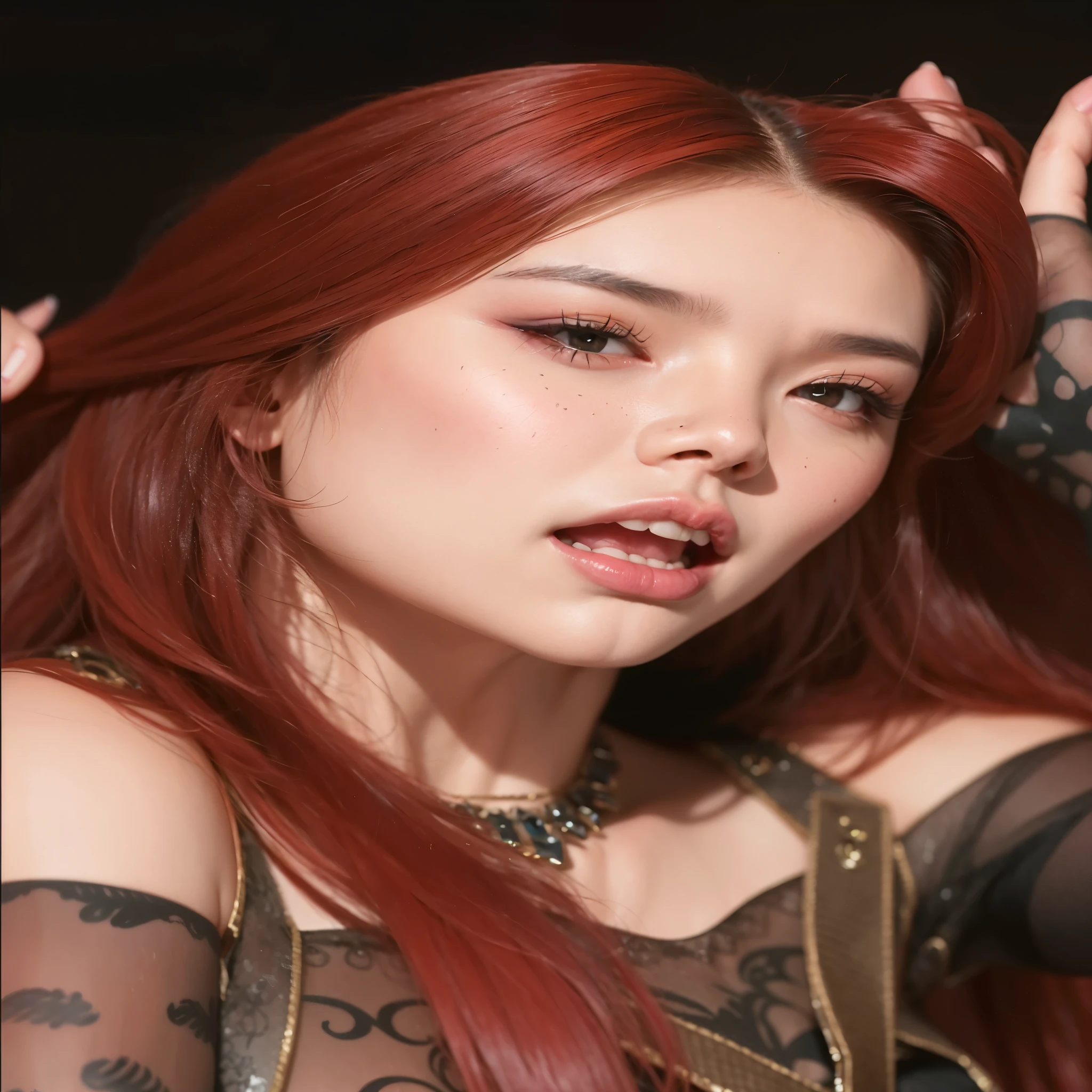 um close up de uma mulher com cabelos ruivos e tatuagens, portrait of jossi do blackpink, even model | Arte Germe, parque roseanne de blackpink, Sun Yunjoo, maquiagem sul-coreana popular, inspirado em Yanjun Cheng, jossi do blackpink, Arte Germe and ruan jia, Yanjun Chengt, sakimichan, maquiagem coreana popular