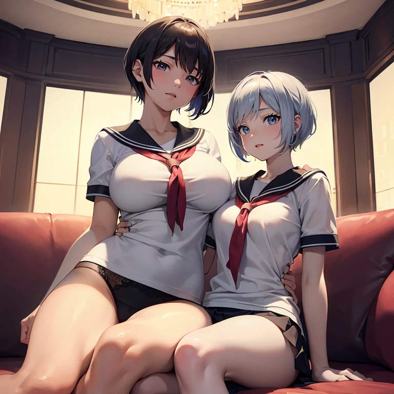 (highest quality,high resolution,(Ultra high fine mesh,4K), (ultra high resolution,8K),muste piece:1.2), (perfect anatomy,Anatomically accurate), (angle from below), (Soft lighting, rendering), ((cute mother and daughter)), (Large breasts:1.3), ((Sitting on a sofa in the lobby of a luxury hotel,Open legs left and right)), ((High School Sailor Uniform)), (Red lace panties), (fascinating expression), (Crisp double eyelids), (soft skin), (It's photorealistic), (Glowing skin), (Pixie Cut)