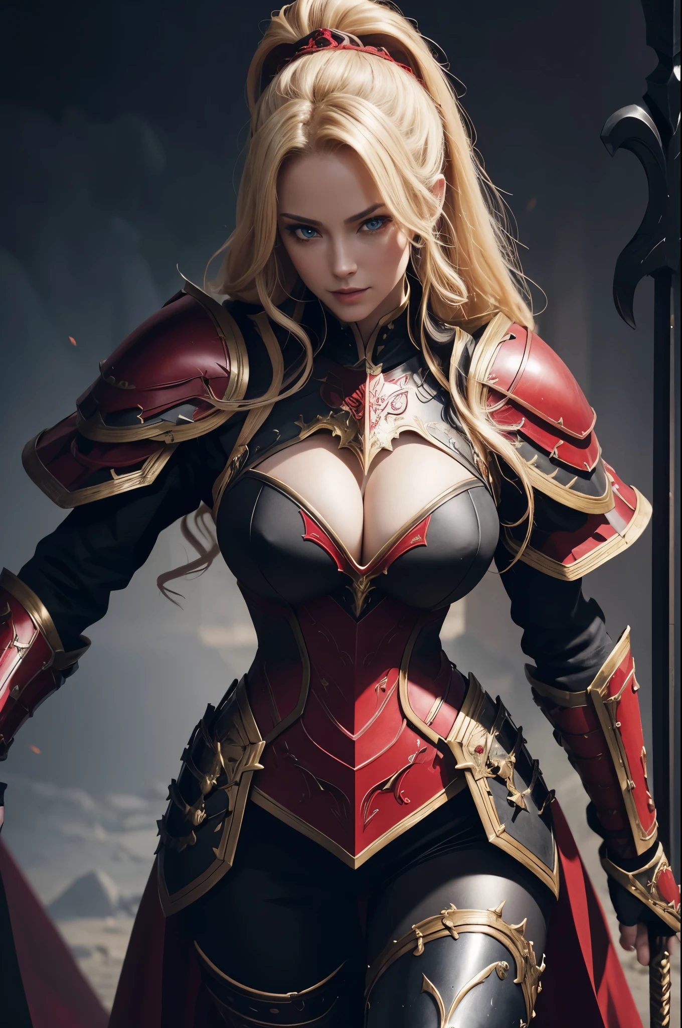 8K,holy knight with sword,Gorgeous black and red very large chest armor(Precisely crafted aristocratic coat of arms),luxury black and red pants,Super beautiful(like the real thing),ultra high resolution,Super realistic,realistic skin,blonde curl hair,big blue eyes,muscular slim body,cool smile,purple rouge,background,battlefield,gorgeous black and red shoulder armor,gorgeous black and red waist armor,Luxurious black and red foot armor,fantasy art,character art,battle scene,action scene,action pose,Sexy cleavage,Paladin,Looking down on her huge cleavage from above,