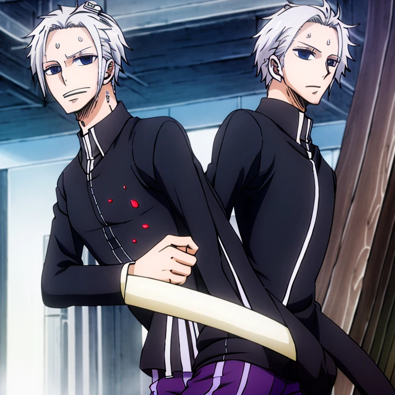 Tall Slender pale male, white hair and purple eyes, tight black shirt and grey sweatpants.