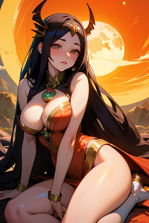 cute Tsukuyomi and Amateratsu perfect  goddess with dragon lord , wonderfull, realistic moon and sun background, with alot of details, , 4k realistic, lovely, sexy