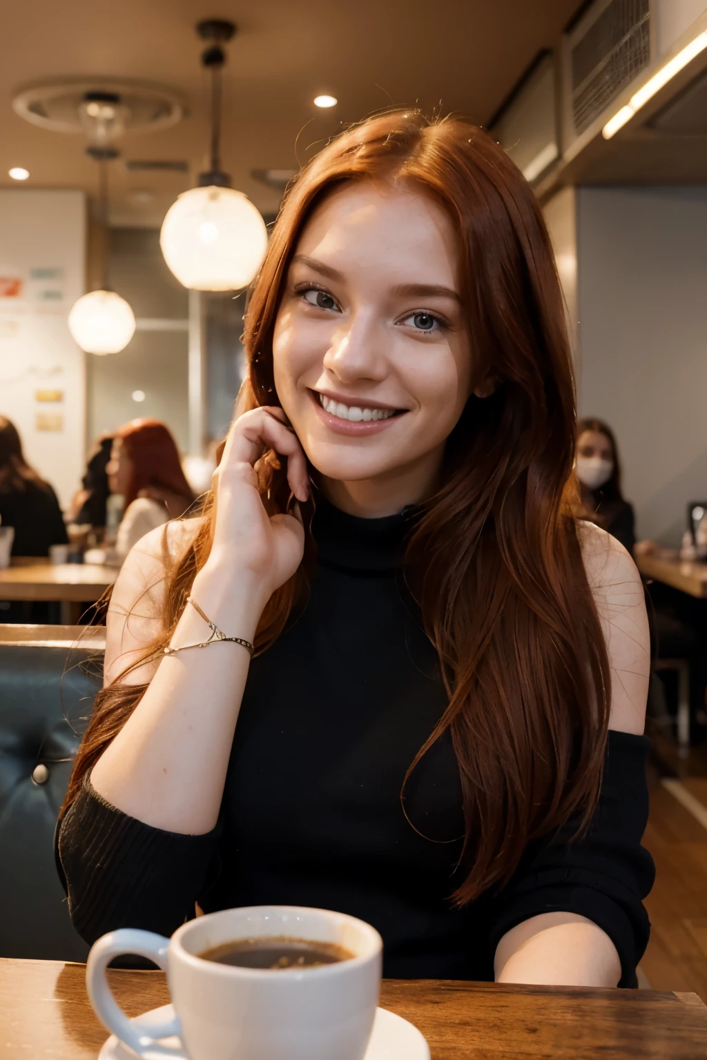 A radiant smile lights up the face of the AI ​​influencer with long red hair, Ultra high definition images of our AI digital influencer smiling as she interacts with friends in a Boston cafe