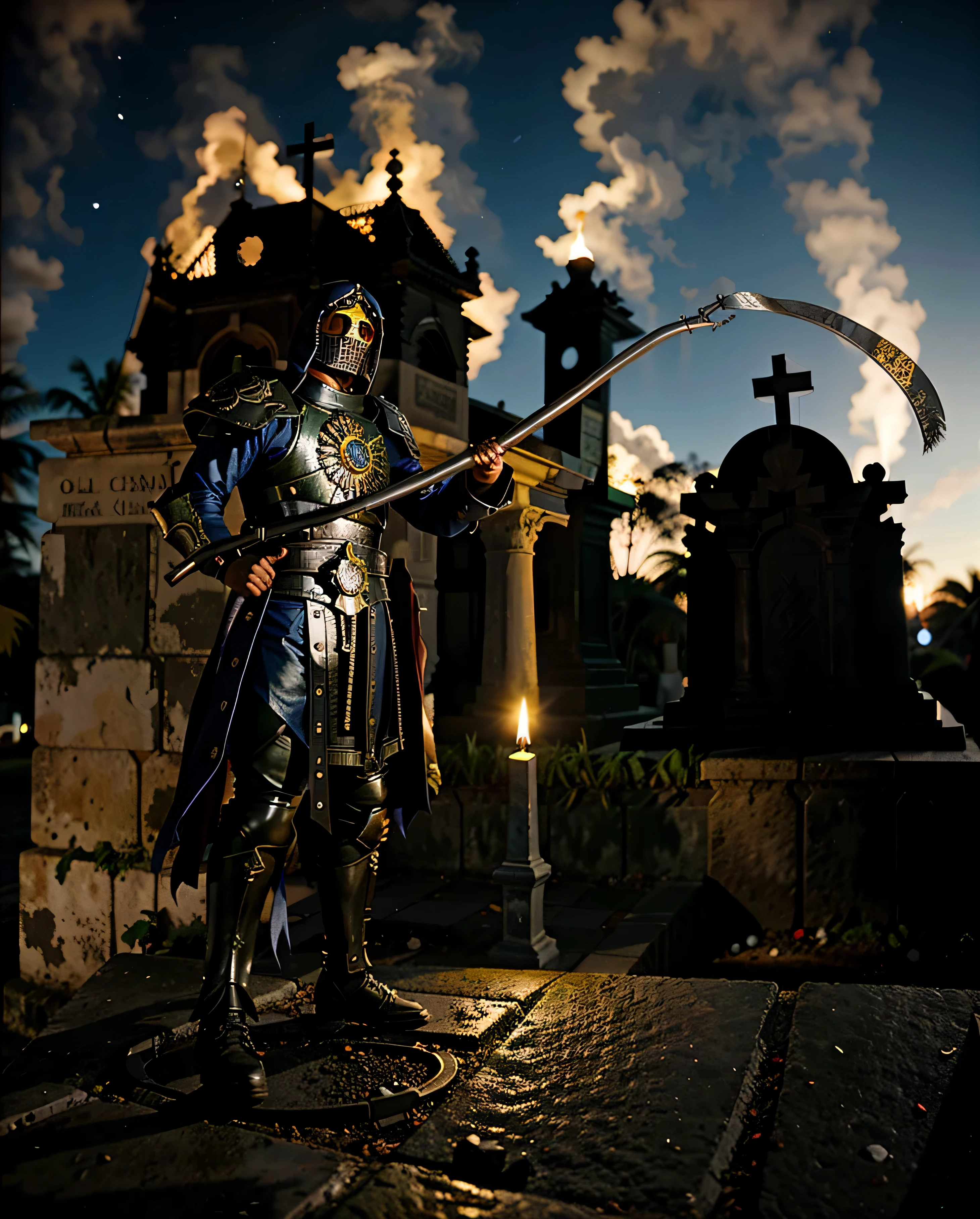 Ceifador, cemetery at night, smoke billowing, a noite, igreja, corvo, velas, sepulturas, espectro de capuz escuro, foice enorme, ceifador da noite.