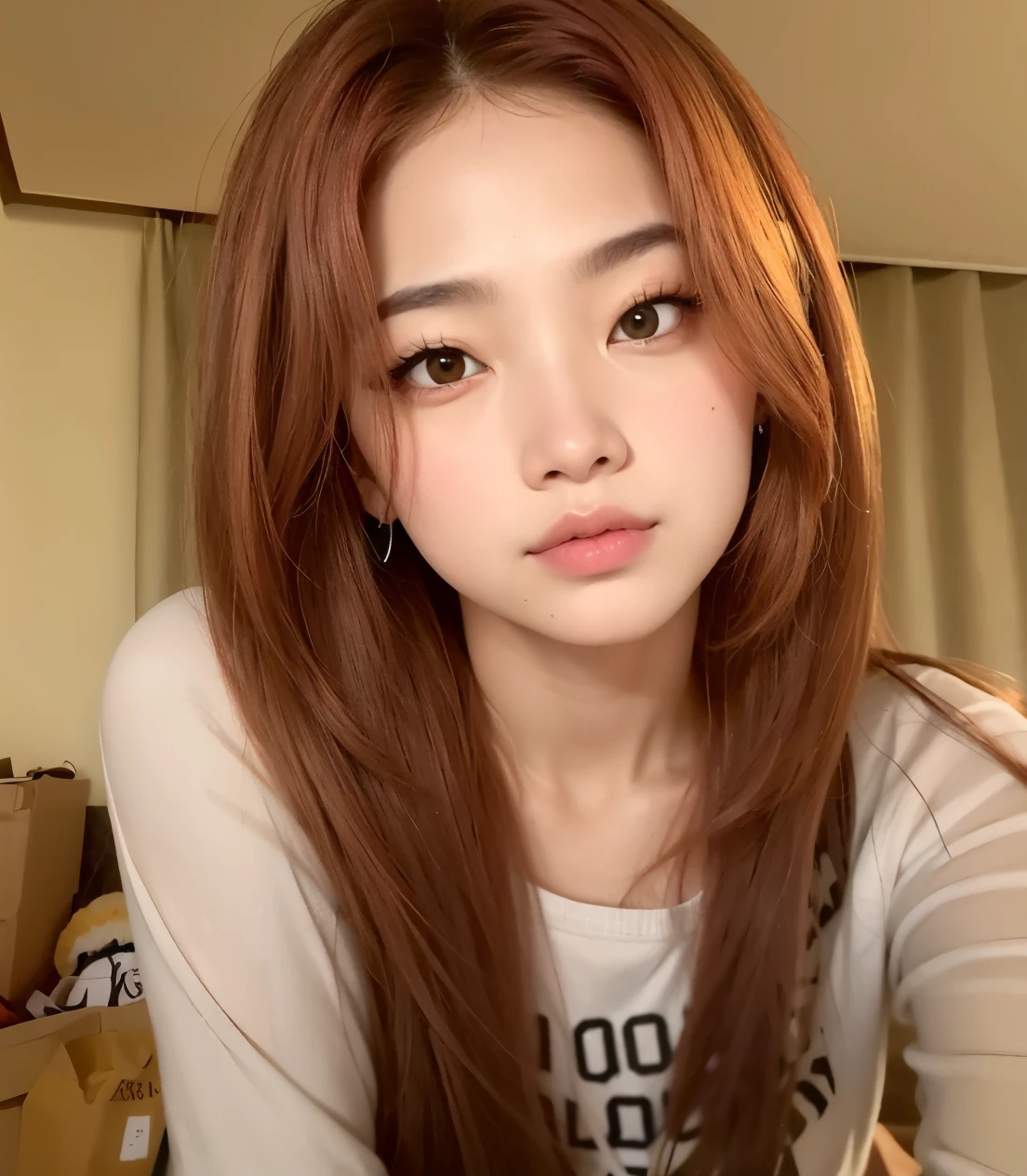 um close up de uma mulher com longos cabelos ruivos e uma camisa branca, parque roseanne de blackpink, adorable and pale korean face, linda mulher sul-coreana, linda jovem coreana, young lovely korean face,  coreana, Lalisa Manobal, linda jovem coreana, ela tem cabelos longos e redorange, Lalisa Manoban do Blackpink