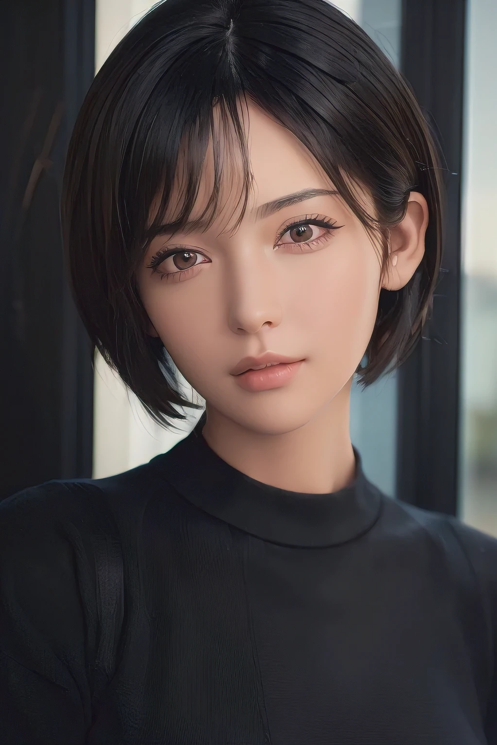 (masterpiece:1.3), (8k, photorealistic, RAW photo, best quality: 1.4), (1girl), beautiful face, (realistic face), (black hair, short hair:1.3), beautiful hairstyle, realistic eyes, beautiful detailed eyes, (realistic skin), beautiful skin, (sweater), absurdres, attractive, ultra high res, ultra realistic, highly detailed, golden ratio