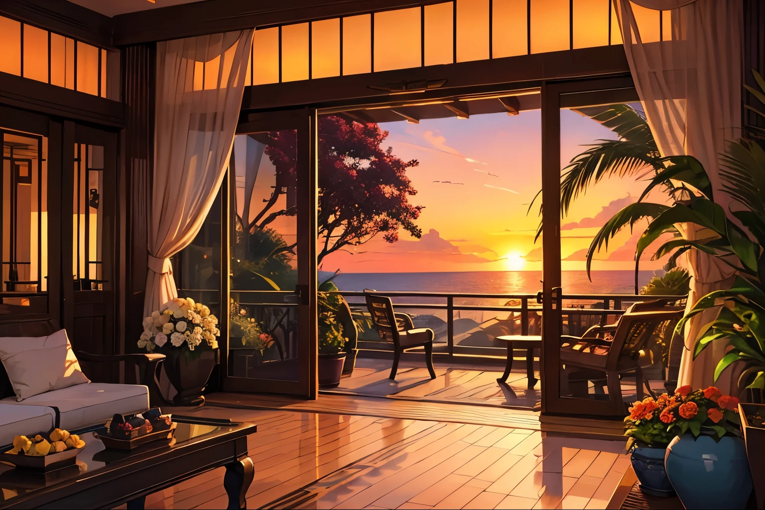 open view Indian Terrace Indian hotel ,sunset, plants in pots, flowers in a vase, birds, meditation, harmony, view from the window, sea, amazing sunset, floral arrangements, graceful, dynamic bright lighting, happiness, full color, multicolored, artificial, highest detail, super quality, fine details, highlights, soft lights