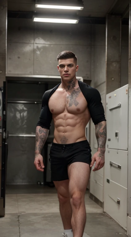 White young man , ranger , sleeves tattoos on forearm,18 years old, military haircut, black hair, blue eyes fixed, intense gaze, affiliated features, no facial hair, height 1.93, weight 100 kg, aesthetic muscular build, broad shoulders, V-shaped body, full body focus, completely hairless,