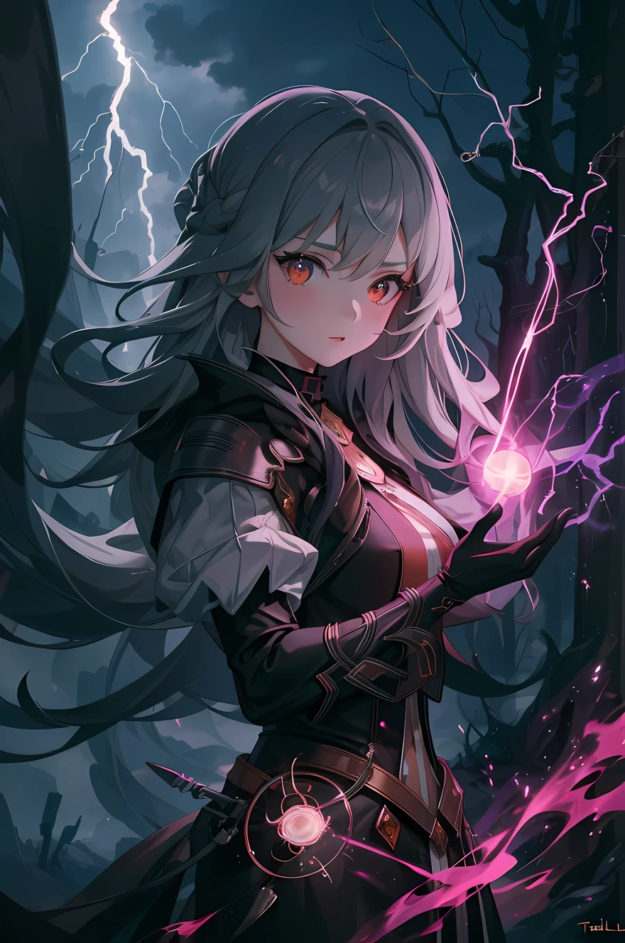 masterpiece, best quality, 1 girl, gray hair, orange eyes, thunderwallstyle, ethereal, powerful, magical forest, tesla coils, electric discharges