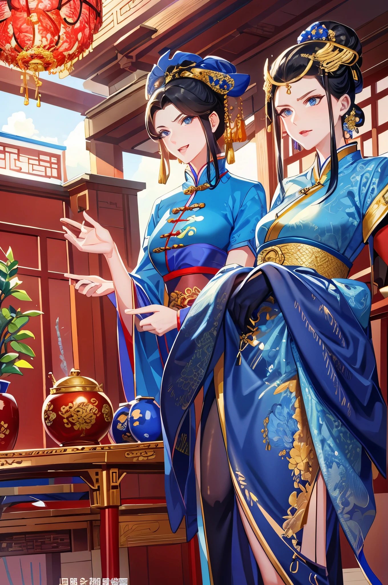 Best quality,tmasterpiece,16k,A 40-year-old woman,blue_clothes,Women pay attention to beautiful Chinese style clothes,natta,rays of moonlight,Asian architecture,