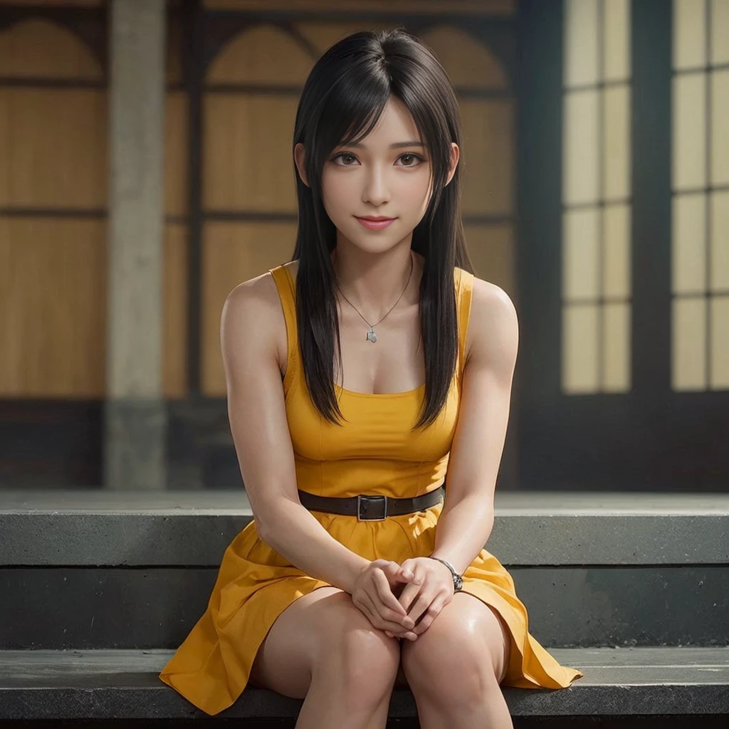 (best quality,ultra-detalhado),(Realistic:1.37),Tifa Lockhart,Rosto bonito e detalhado, textura ultra realista, rosto delicado, Fit physique, cute smile expression