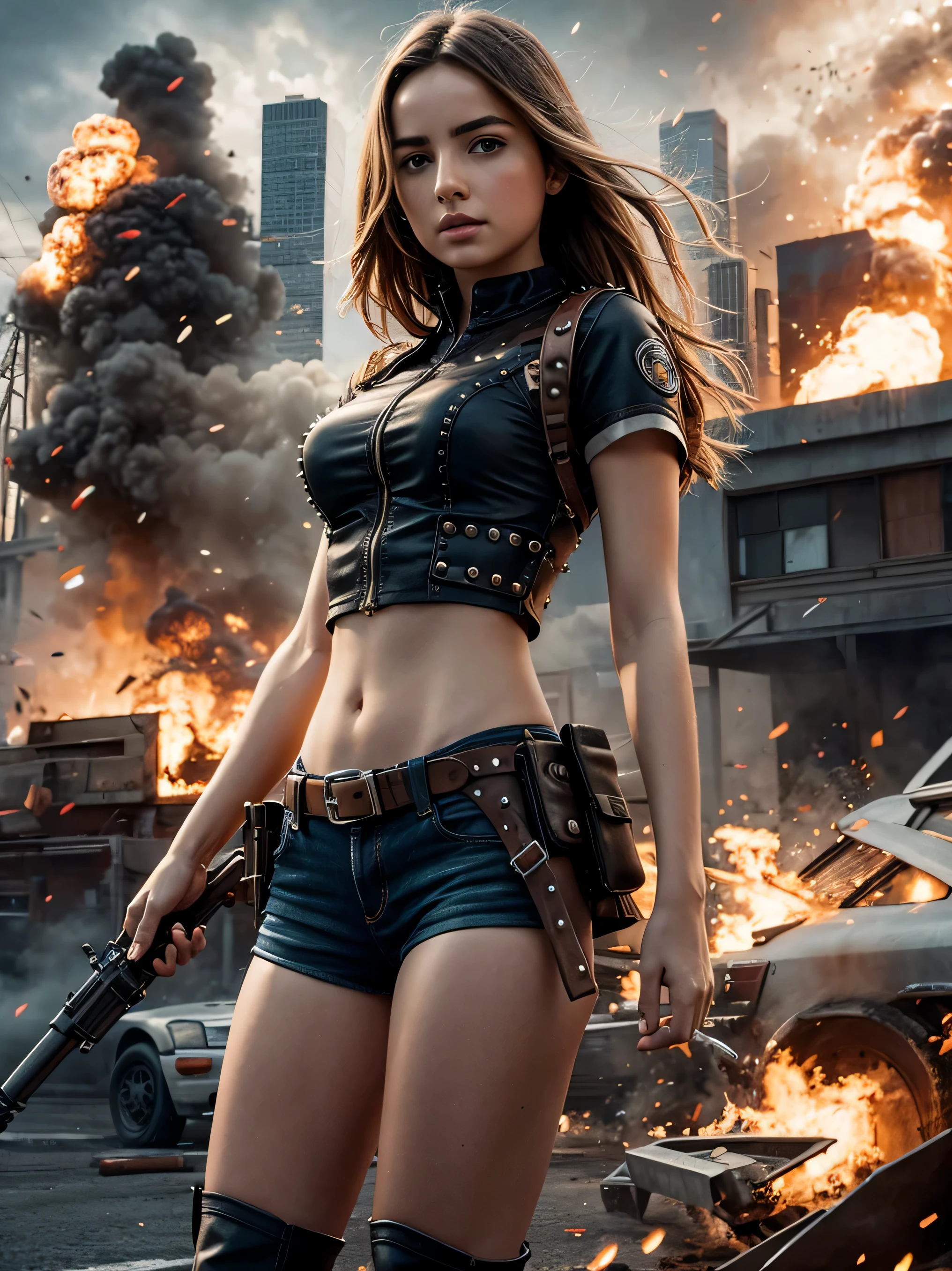 Ana de Armas, rebites, coldres, with electric guitar, movie poster , arte digital, explosions behind