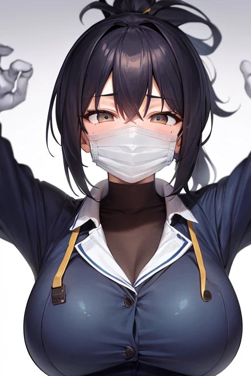 18 year old female, big double eyes, black ponytail, wears a mask, blue rubber gloves, school uniform, facial expression: looks excited, sticky with semen