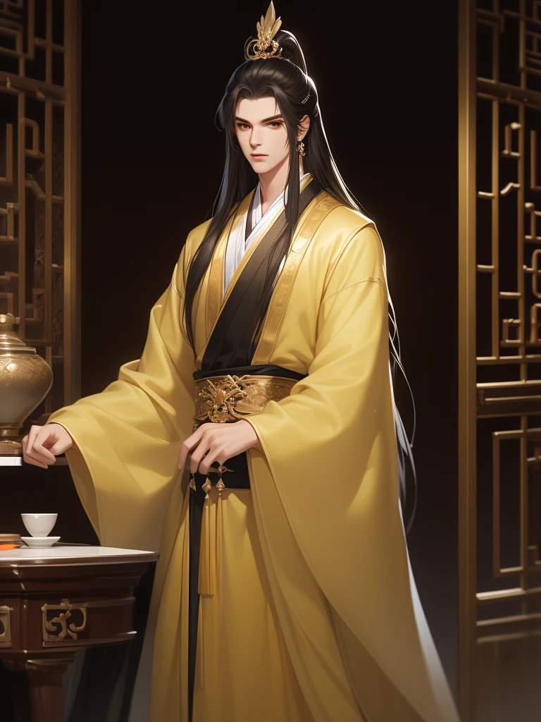 Best quality at best，tmasterpiece，16k,,A man with long hair，（Black Hanfu：1.5），asian architecture interior，Ancient Chinese court style，