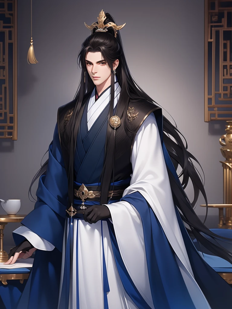 Best quality at best，tmasterpiece，16k,,A man with long hair，（Black Hanfu：1.5），asian architecture interior，Ancient Chinese court style，