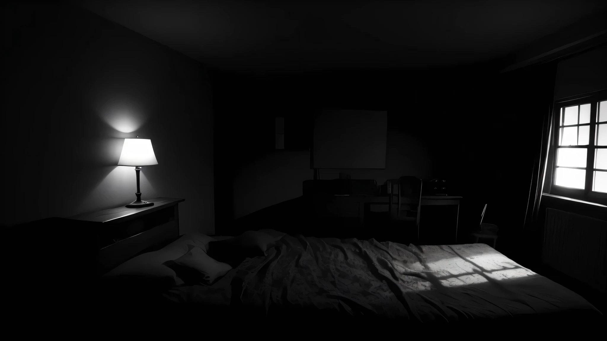 An old, dimly lit bedroom with a disheveled bed and faint shadows in the corner, blurry and in black and white.