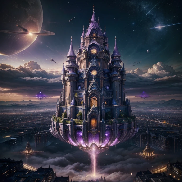 ((master piece)), best quality, (8k, best quality, masterpiece:1.2), ultra-detailed, illustration, big fantasy city, Science fiction, ethereal city, Floating city, many planets in the skies, clouds around, celestial architecture, purple energy scarring around, Giant castle in the center, astral skies