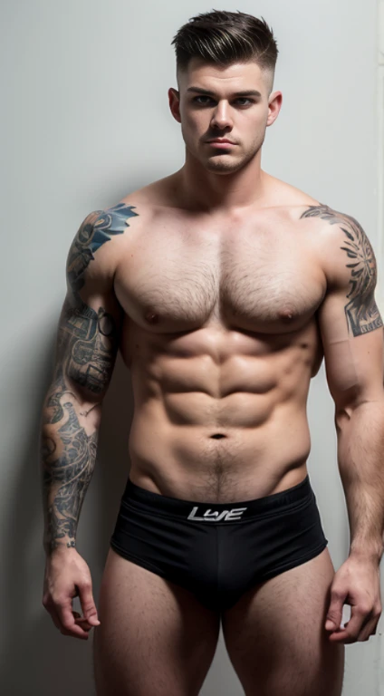 White young man , tattoos on half forearms , 18 years old, lowe taper fade haircut, black hair, blue eyes fixed, intense gaze, affiliated features, no facial hair, height 1.93, weight 100 kg, aesthetic muscular build, broad shoulders, V-shaped body, full body focus, completely hairless,