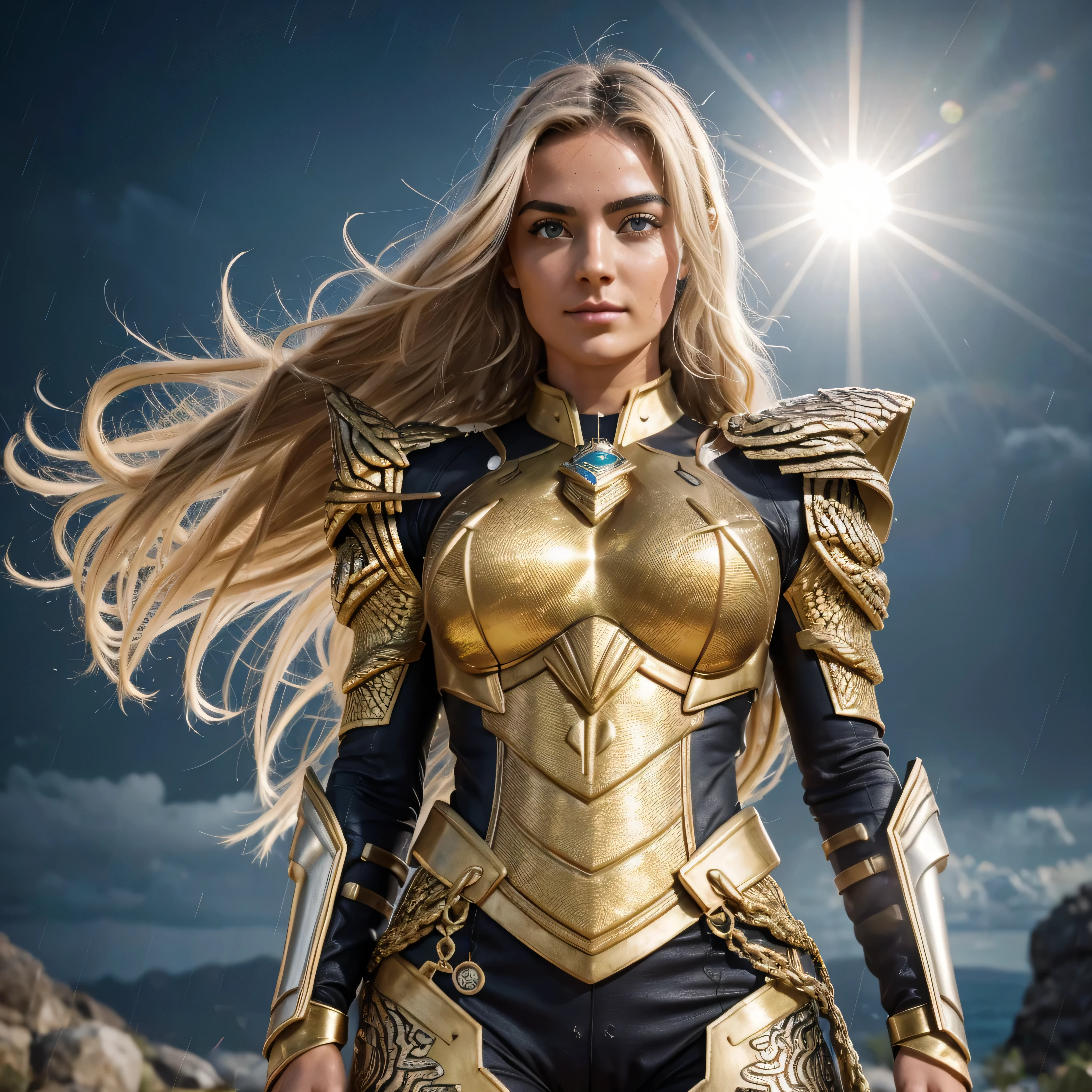 Knight of the Zodiac Aiolia de Leo, caveleira de ouro com capa branca, ataque na velocidade da luz, Saint Seya, (STYLE OCTANE RENDER!!!), (textura OURO REALISTA), CABELO REALISTA!!! (OURO BRILHANTE), (textura realista:2.0), (HDR:1.2), (4K), BLOND HAIR LONG, tiro de corpo inteiro!!!, camera low, TRAJE super detalhada ( DOURADA ARMADURA), adornada com pedras brilhantes, (GODDESS ARMOIRY ARMOR!) traje com pedras preciosas, ombreiras largas, nordic woman!, rosto angelical, symmetrical face, seduzir, coxas musculosas definidas, SALA DO TRONO MAJESTADE, corpo inteiro, mostre as pernas de calcinha dourada brilhante relusente, olhos azuis sensuais, coxas BRANCA, pernas, boca vermelha, olhos pequenos, nariz fino, (Nordic ethnicity), (MUSCULAR GIRL!), (STRONG GIRL!), pele branca, 25 year old girl skin clean, pele branca, skin clean, (OLHOS PERFEITOS!), hot girl, pele muito branca, albina, luzes piscando, SPLASH, ((RAINDROPS!!!!)) (LENS FLARE!), (RAINBOW!), (RAIN:1), (STORM!), (SUPER STORM!!!), (GRAIN), (textura molhada!), (powerfull girl!!!), ((blonde eyebrows!!!))