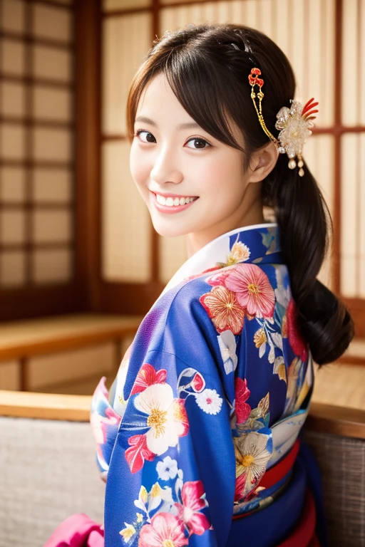 The season is winter、bright roomの中で晴れ着を着て新年の挨拶をする、She wears a cute and luxurious-looking hairpin on her head..、Beautiful wearing glittering Japanese clothes、hair is brown、A polite kimono model with her hair tied up when wearing a kimono.、Her face is beautiful, like a model.、Kimono woman photoshoot、bright room、with idol、With a cute smile like a model、The back view is also reminiscent of New Year's.'s.、double eyelid、put on mascara、pale light colored eyeshadow、sit properly on the cushion、The color of the kimono is mainly red、positive、Her face has a cute smile、best quality、masterpiece、High resolution、A cute smile facing straight ahead、