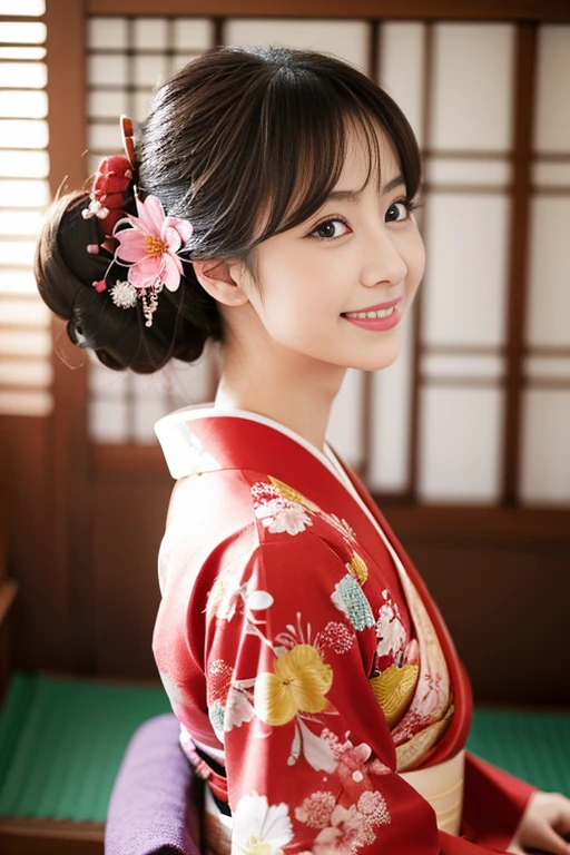 The season is winter、bright roomの中で晴れ着を着て新年の挨拶をする、She wears a cute and luxurious-looking hairpin on her head..、Beautiful wearing glittering Japanese clothes、hair is brown、A polite kimono model with her hair tied up when wearing a kimono.、Her face is beautiful, like a model.、Kimono woman photoshoot、bright room、with idol、With a cute smile like a model、The back view is also reminiscent of New Year's.'s.、double eyelid、put on mascara、pale light colored eyeshadow、sit properly on the cushion、The color of the kimono is mainly red、positive、Her face has a cute smile、best quality、masterpiece、High resolution、A cute smile facing straight ahead、