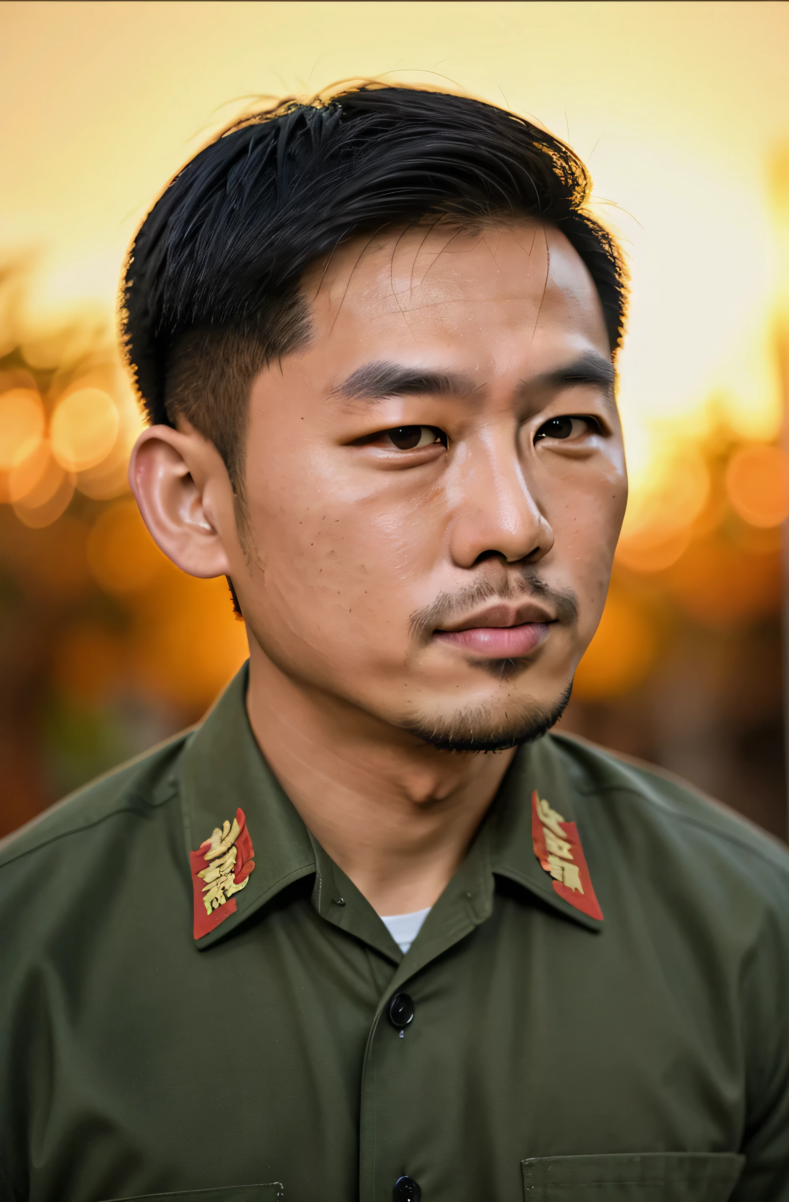 haute qualité, portrait d'un homme asiatique de 25 ans, portant une chemise de l'armée vietnamienne, visage détaillé, plan cinématographique, éclairage dramatique, (conserver les proportions du visage :1), (racine des cheveux:1),