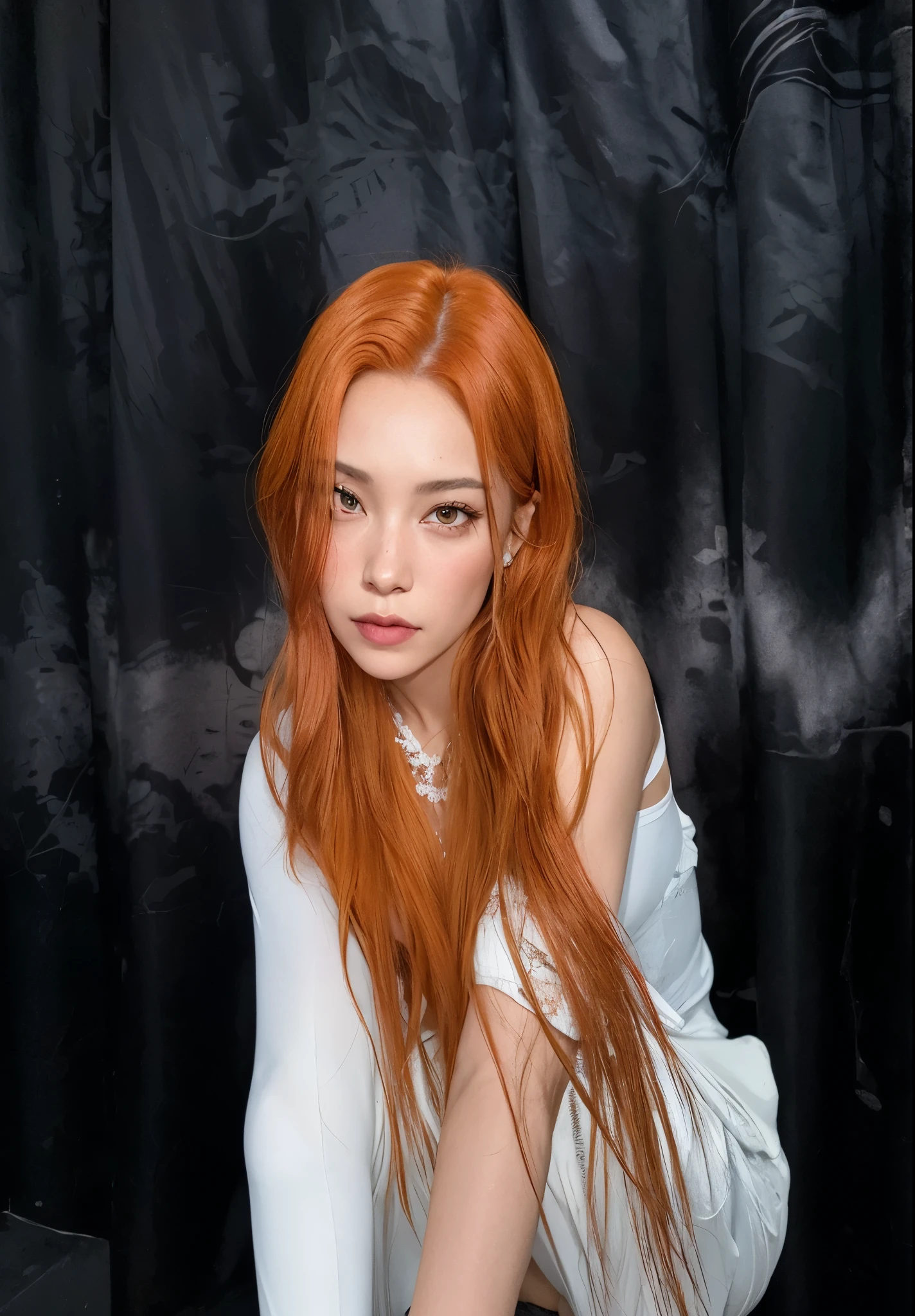 there is a woman com longos cabelos ruivos posing for a picture, ela tem cabelos longos e redorange, portrait of jossi do blackpink, jossi do blackpink, ela tem longos cabelos castanhos alaranjados, Sun Yunjoo, com longos cabelos ruivos, ela tem cabelo ruivo, com cabelo ruivo, veludo vermelho, cabelo laranja longo, Rena Nounen Estilo 3/4