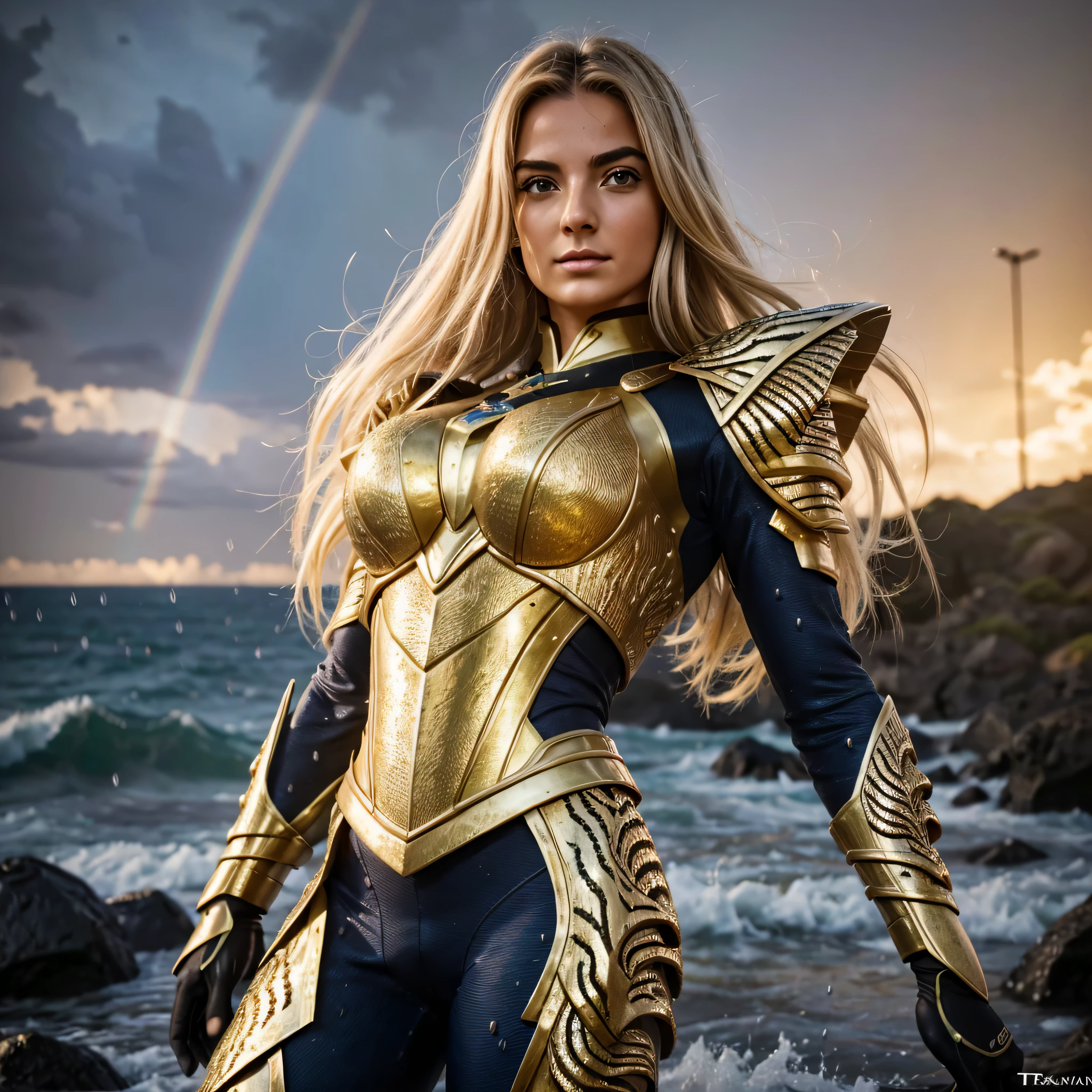 Knight of the Zodiac Aiolia de Leo, caveleira de ouro com capa branca, ataque na velocidade da luz, Saint Seya, (STYLE OCTANE RENDER!!!), (textura OURO REALISTA), CABELO REALISTA!!! (OURO BRILHANTE), (textura realista:2.0), (HDR:1.2), (4K), BLOND HAIR LONG, tiro de corpo inteiro!!!, camera low, TRAJE super detalhada ( DOURADA ARMADURA), adornada com pedras brilhantes, (GODDESS ARMOIRY ARMOR!) traje com pedras preciosas, ombreiras largas, nordic woman!, rosto angelical, symmetrical face, seduzir, coxas musculosas definidas, SALA DO TRONO MAJESTADE, corpo inteiro, mostre as pernas de calcinha dourada brilhante relusente, olhos azuis sensuais, coxas BRANCA, pernas, boca vermelha, olhos pequenos, nariz fino, (Nordic ethnicity), (MUSCULAR GIRL!), (STRONG GIRL!), pele branca, 25 year old girl skin clean, pele branca, skin clean, (OLHOS PERFEITOS!), hot girl, pele muito branca, albina, luzes piscando, SPLASH, ((RAINDROPS!!!!)) (LENS FLARE!), (RAINBOW!), (RAIN:1), (STORM!), (SUPER STORM!!!), (GRAIN), (textura molhada!), (powerfull girl!!!), ((blonde eyebrows!!!))