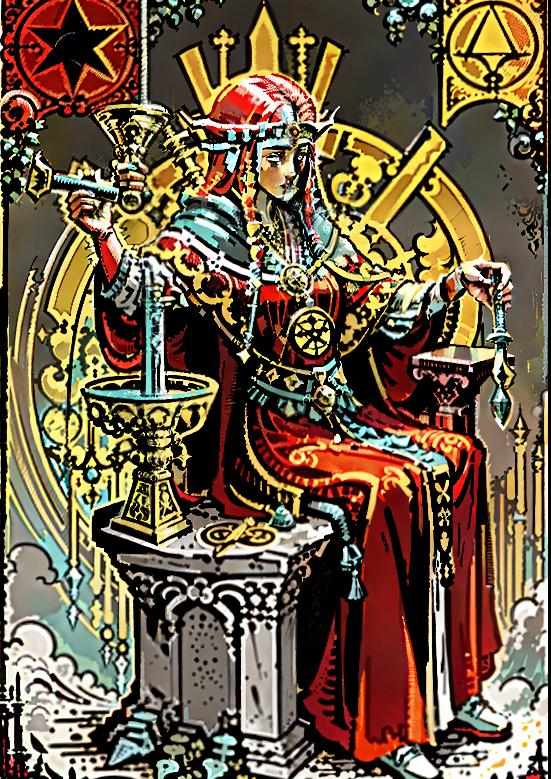 tarot card style poster featuring a priestess in a red robe holding a dagger and a cup
