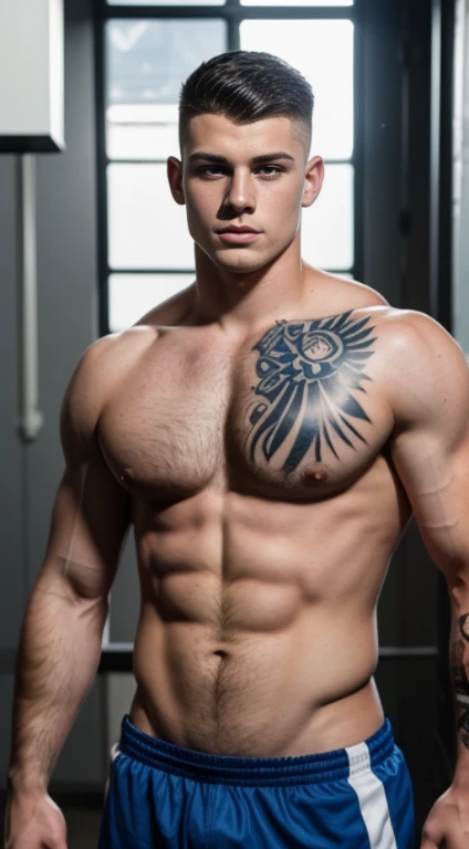 White young man , lacrosse player , half tattoos on  forearms , 18 years old, lowe taper fade haircut, black hair, blue eyes fixed, intense gaze, affiliated features, no facial hair, height 1.93, weight 100 kg, aesthetic muscular build, broad shoulders, V-shaped body, full body focus, completely hairless, 