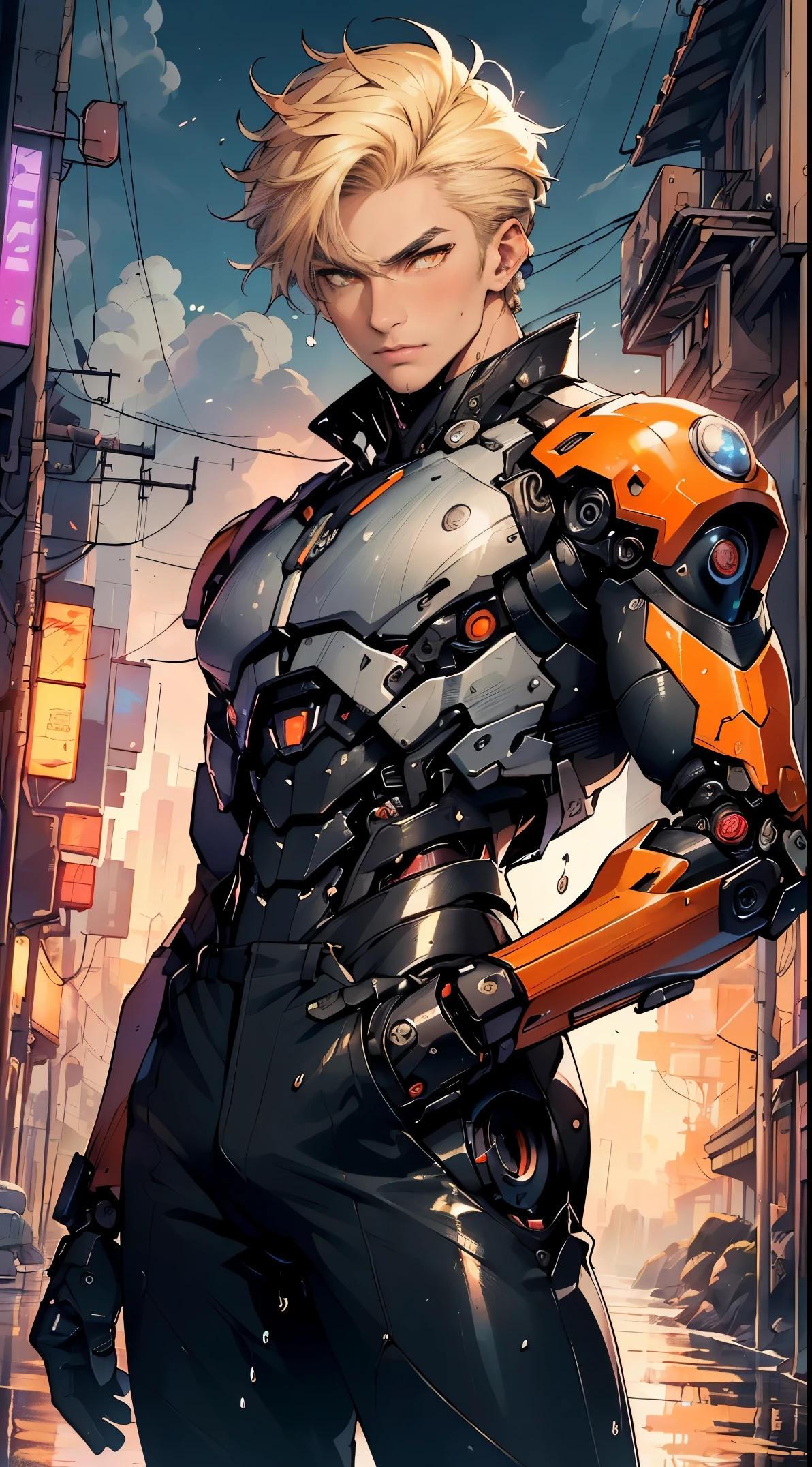 (man:1.5),1 man,archer man,(((1man))),((man with blonde short hair)),
(((1male,man:1.5,handsome man,male,male gender:1.5,male focus))),macho man,hero,
((messy hair,blonde short haircut,detailed blonde hair,highly detailed hair,blonde hair,colored inner hair)),(((lustrous skin:1.5,tanned skin,bright skin: 1.5,skin tanned,shiny skin,very shiny skin,shiny body,illuminated skin))),(((orange_eyes:1.2))),intricate eyes,beautiful detailed eyes,symmetrical eyes,((man chest)),handsome face,((muscular)),male jaw,(((detailed face))),
manly,nsfw,
cyberpunk firefighter, ((mechanical arms:1.5, bionic arms:1.5)), futuristic firefighter uniform,((bulge in pants)),((uniform in black and orange colors)),((wet clothes,intricate outfit,intricate clothes,intricate uniform)),
(dynamic pose:1.0),solo focus,((heroic attitude)),(centered,scale to fit dimensions,Rule of thirds),
cyberpunk city by the ocean at night, with bright neon signs and dark stormy clouds and puddles, scenery:1.25,starry night, cosmos,
highres, sharp focus, (ultra detailed, extremely detailed), (photorealistic artwork:1.37),(extremely detailed CG unity 8k wallpaper),((synthwave background theme)),(((vibrant colors))),(intricate background),(masterpiece),(best quality),