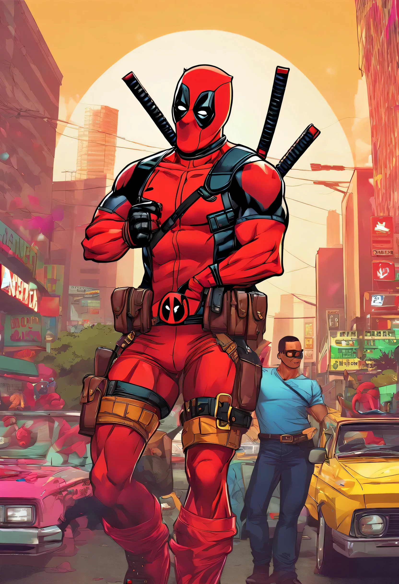 deadpool, (La mejor calidad,Ultra detallado,realista:1.37),hembra ,caderas anchas, pechos grandes, tacones altos, vivid colors, funny, dancing