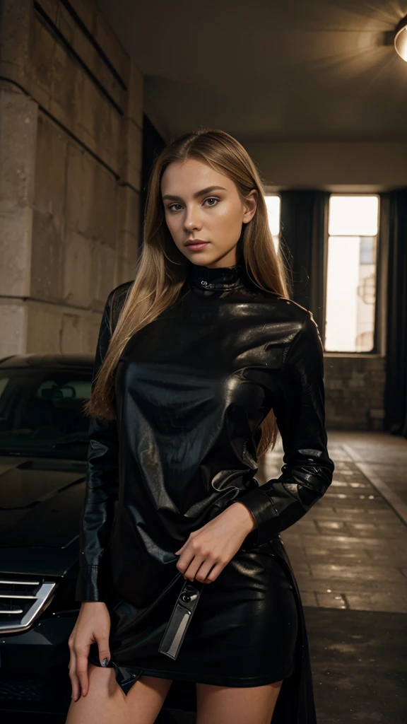 (a beautiful aluring girl with) (long straight blonde hair and piercing blue eyes), (dressed in sleek black clothing) (poses next to a black sleek car). (She holds a usp-s in her hand), (adding to her mysterious persona). (The scene is set in high resolution and incredibly detailed), (capturing every aspect of her image). (It's a photo realistic portrayal), (with vivid colors and sharp focus).