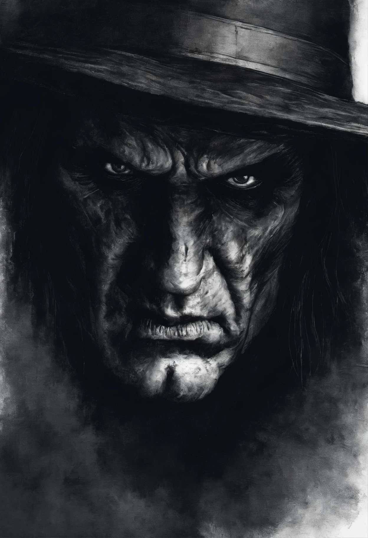 (best quality,highres),traditional charcoal drawing, the Undertaker WWF,sketch drawing,creepy atmosphere,detailed facial features,strong jawline,intense eyes,shoulder-length hair,black hat,black coat,tall and imposing figure,dark and shadowy background,mysterious aura,tense and menacing expression,dry brush strokes,contrast between light and dark,gritty texture,sinister vibes,uncanny presence,monochrome tones,strong chiaroscuro effect