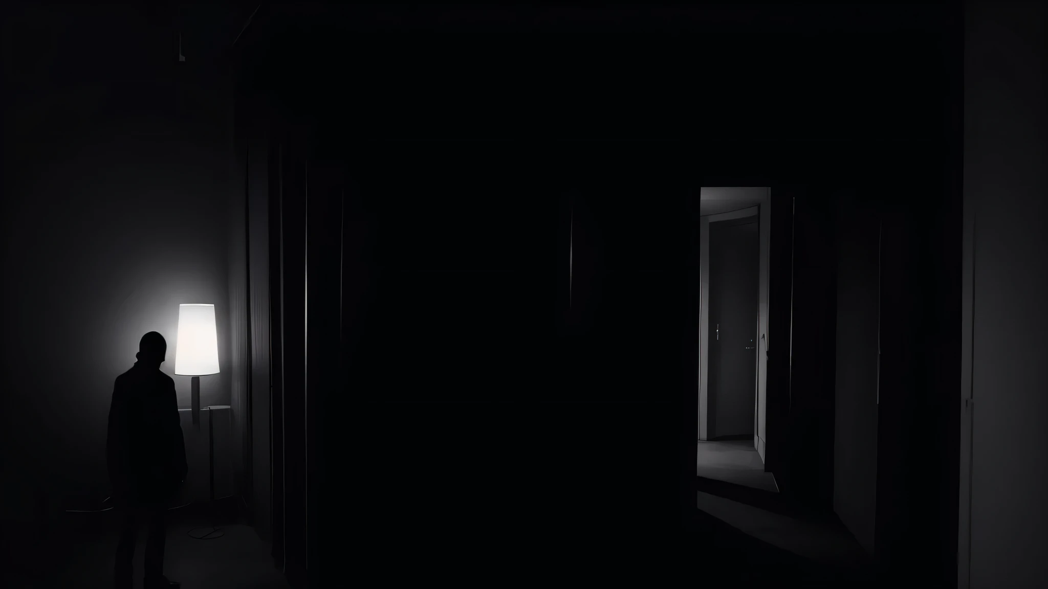An eerie scene of the protagonist's desperate attempt to switch on a light, capturing a shadowy figure vanishing, blurry and in black and white.