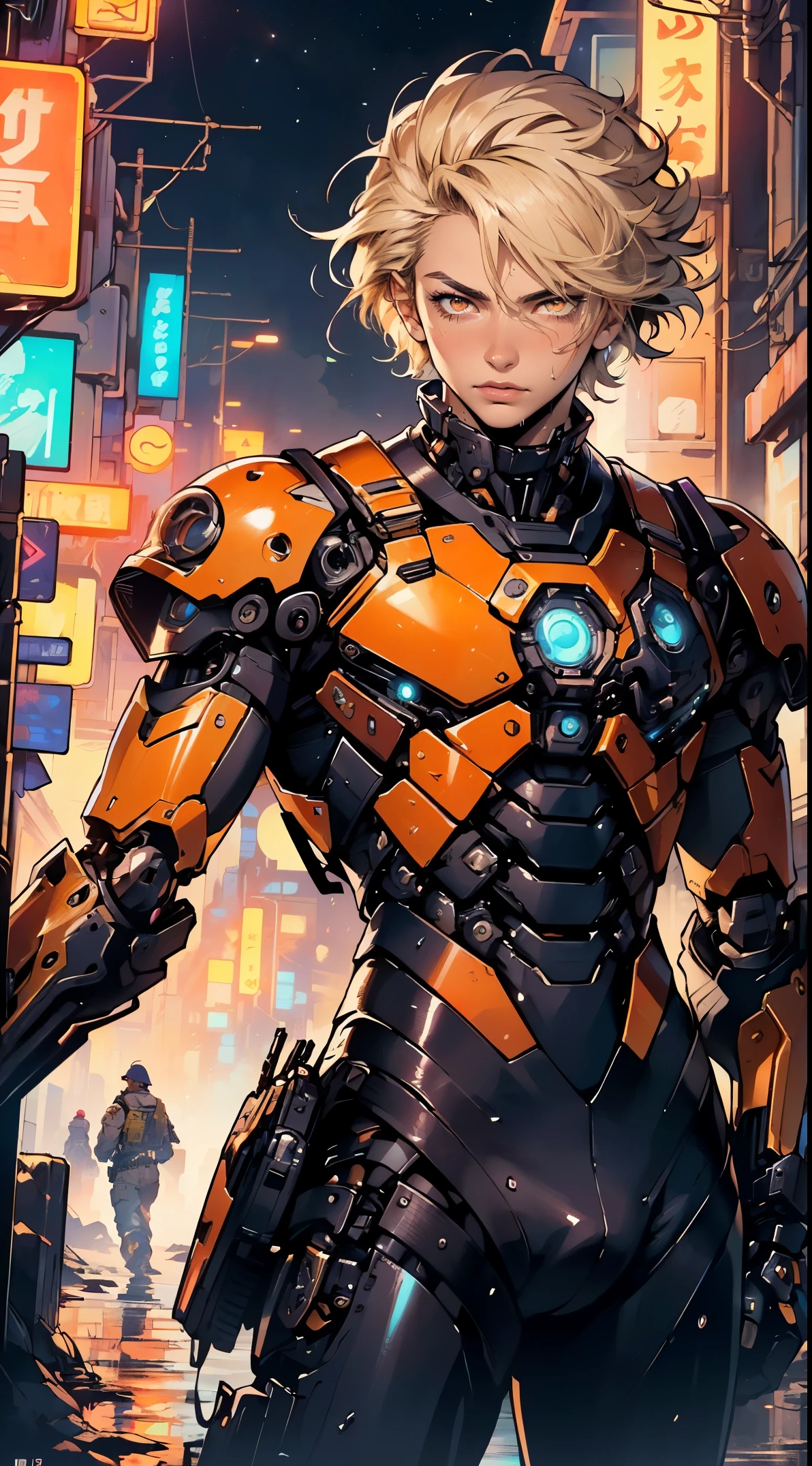 (man:1.5),1 man,archer man,(((1man))),((man with blonde short hair)),
(((1male,man:1.5,handsome man,male,male gender:1.5,male focus))),macho man,hero,
((messy hair,blonde short haircut,detailed blonde hair,highly detailed hair,blonde hair,colored inner hair)),(((lustrous skin:1.5,tanned skin,bright skin: 1.5,skin tanned,shiny skin,very shiny skin,shiny body,illuminated skin))),(((orange_eyes:1.2))),intricate eyes,beautiful detailed eyes,symmetrical eyes,((man chest)),handsome face,((muscular)),male jaw,(((detailed face))),
manly,nsfw,
cyberpunk firefighter, ((mechanical arms:1.5, bionic arms:1.5)), futuristic firefighter uniform,((bulge in pants)),((uniform in black and orange colors)),((wet clothes,intricate outfit,intricate clothes,intricate uniform)),
(dynamic pose:1.0),solo focus,((heroic attitude)),(centered,scale to fit dimensions,Rule of thirds),
cyberpunk city by the ocean at night, with bright neon signs and dark stormy clouds and puddles, scenery:1.25,starry night, cosmos,
highres, sharp focus, (ultra detailed, extremely detailed), (photorealistic artwork:1.37),(extremely detailed CG unity 8k wallpaper),((synthwave background theme)),(((vibrant colors))),(intricate background),(masterpiece),(best quality),