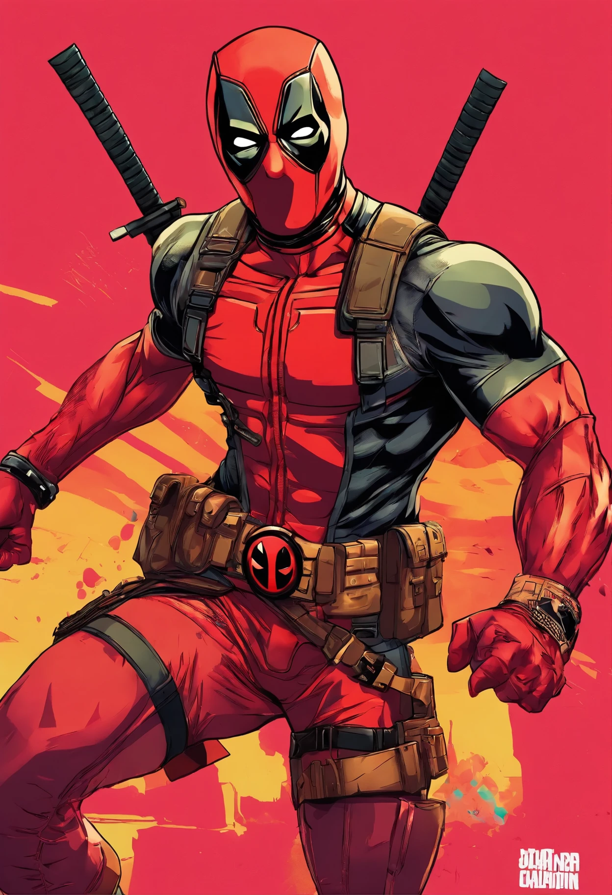 deadpool, (La mejor calidad,Ultra detallado,realista:1.37),hembra ,caderas anchas, pechos grandes, tacones altos, vivid colors, funny, dancing