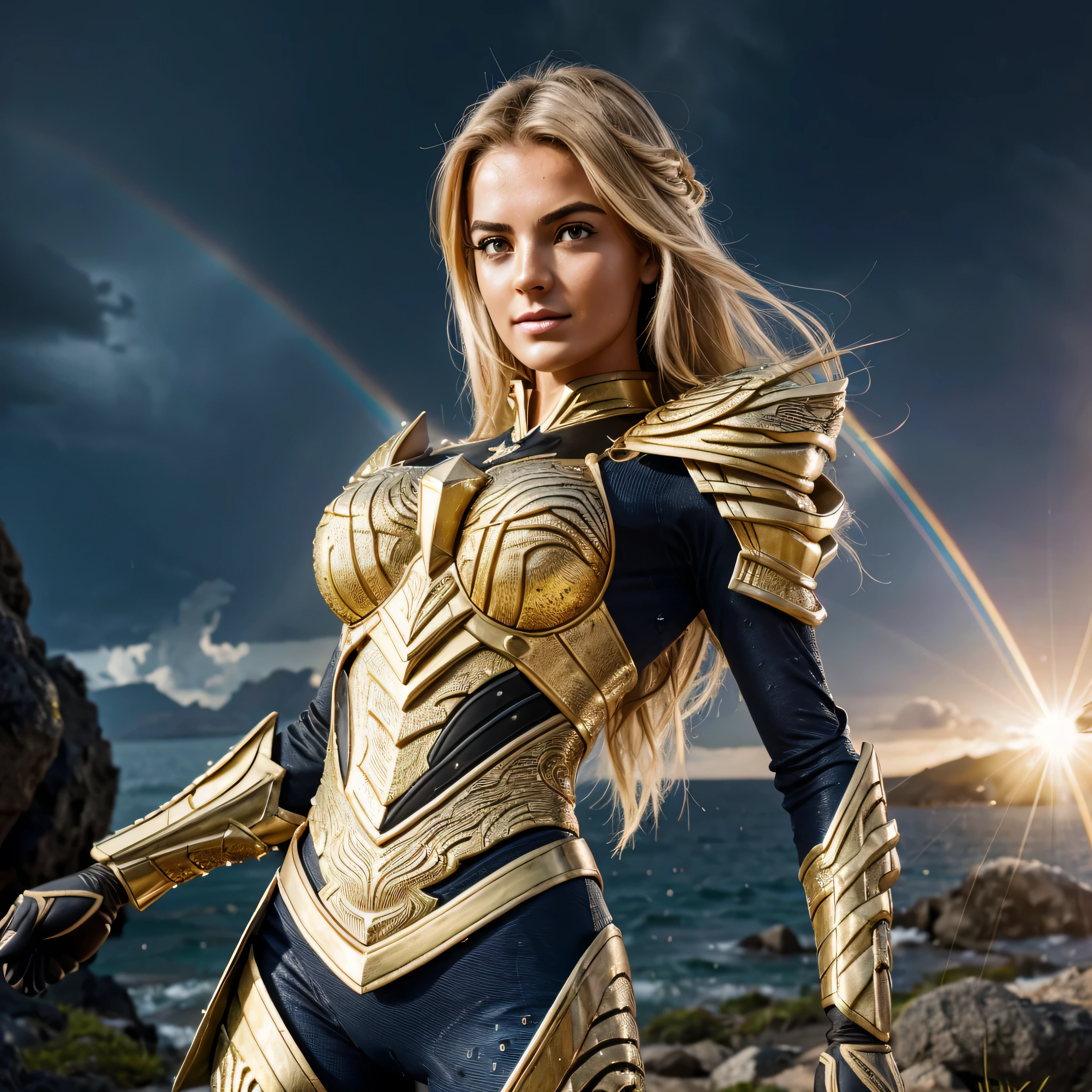 Knight of the Zodiac Aiolia de Leo, caveleira de ouro com capa branca, ataque na velocidade da luz, Saint Seya, (STYLE OCTANE RENDER!!!), (textura OURO REALISTA), CABELO REALISTA!!! (OURO BRILHANTE), (textura realista:2.0), (HDR:1.2), (4K), BLOND HAIR LONG, tiro de corpo inteiro!!!, camera low, TRAJE super detalhada ( DOURADA ARMADURA), adornada com pedras brilhantes, (GODDESS ARMOIRY ARMOR!) traje com pedras preciosas, ombreiras largas, nordic woman!, rosto angelical, symmetrical face, seduzir, coxas musculosas definidas, SALA DO TRONO MAJESTADE, corpo inteiro, mostre as pernas de calcinha dourada brilhante relusente, olhos azuis sensuais, coxas BRANCA, pernas, boca vermelha, olhos pequenos, nariz fino, (Nordic ethnicity), (MUSCULAR GIRL!), (STRONG GIRL!), ((STRONG GIRL!!)), ((STRONG GIRL!!!)) pele branca, 25 year old girl skin clean, pele branca, skin clean, (OLHOS PERFEITOS!), hot girl, pele muito branca, albina, luzes piscando, SPLASH, ((RAINDROPS!!!!)) (LENS FLARE!), (RAINBOW!), (RAIN:1), (STORM!), (SUPER STORM!!!), (GRAIN), (textura molhada!), (powerfull girl!!!), ((blonde eyebrows!!!))