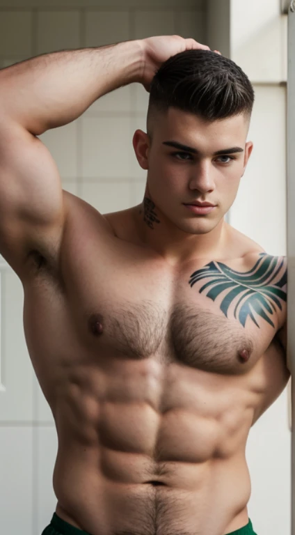 White young man , rugby player , half tattoos on  forearms , 18 years old, lowe taper fade haircut, black hair, green eyes fixed, affiliated features, no facial hair, height 1.93, weight 100 kg, aesthetic muscular build, broad shoulders, V-shaped body, full body focus, completely hairless, 