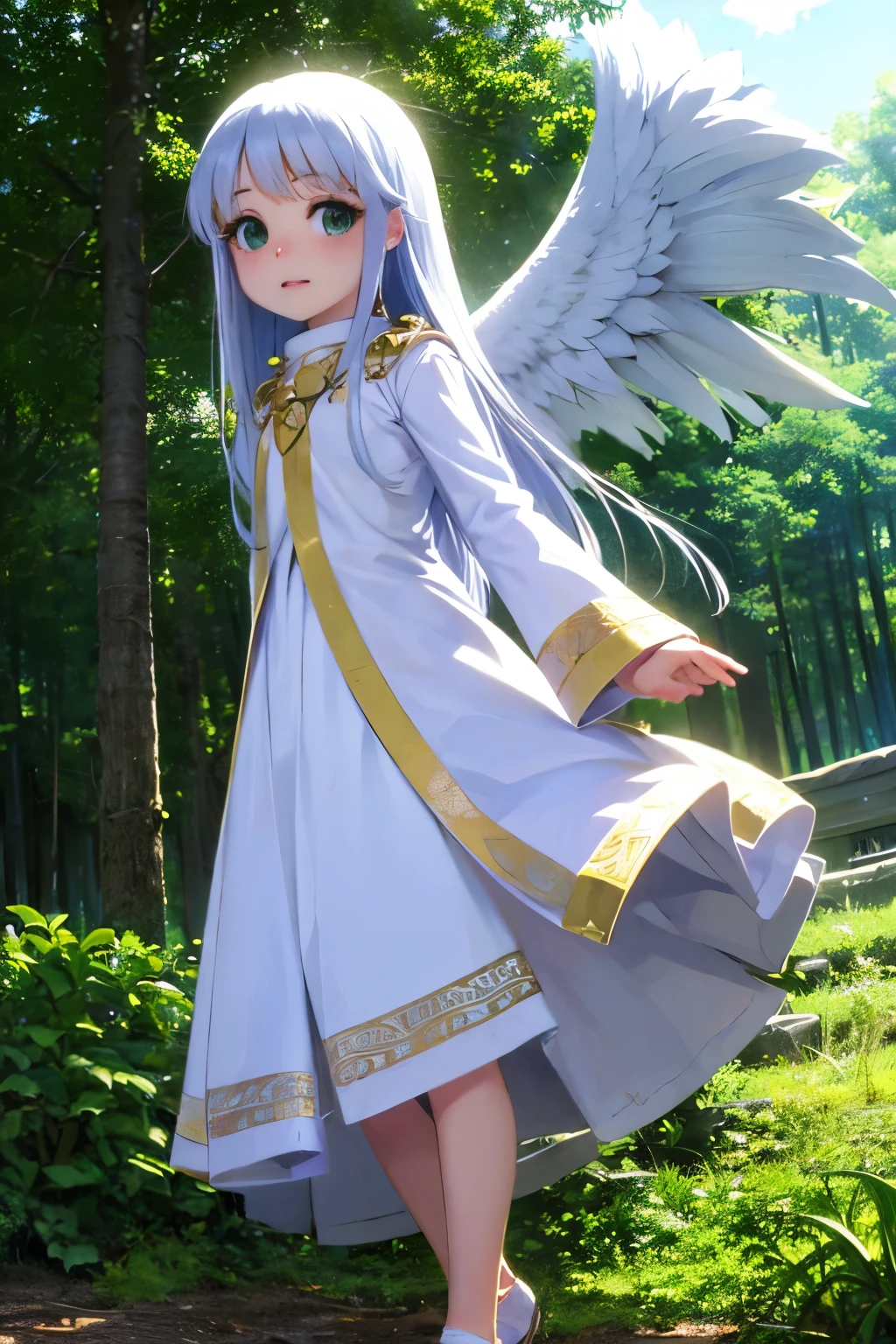 Cabello largo plateado, ojos verdes, petite, monja, white clothes, wings, ram horns, sonrisa, muslos hermosos, forest