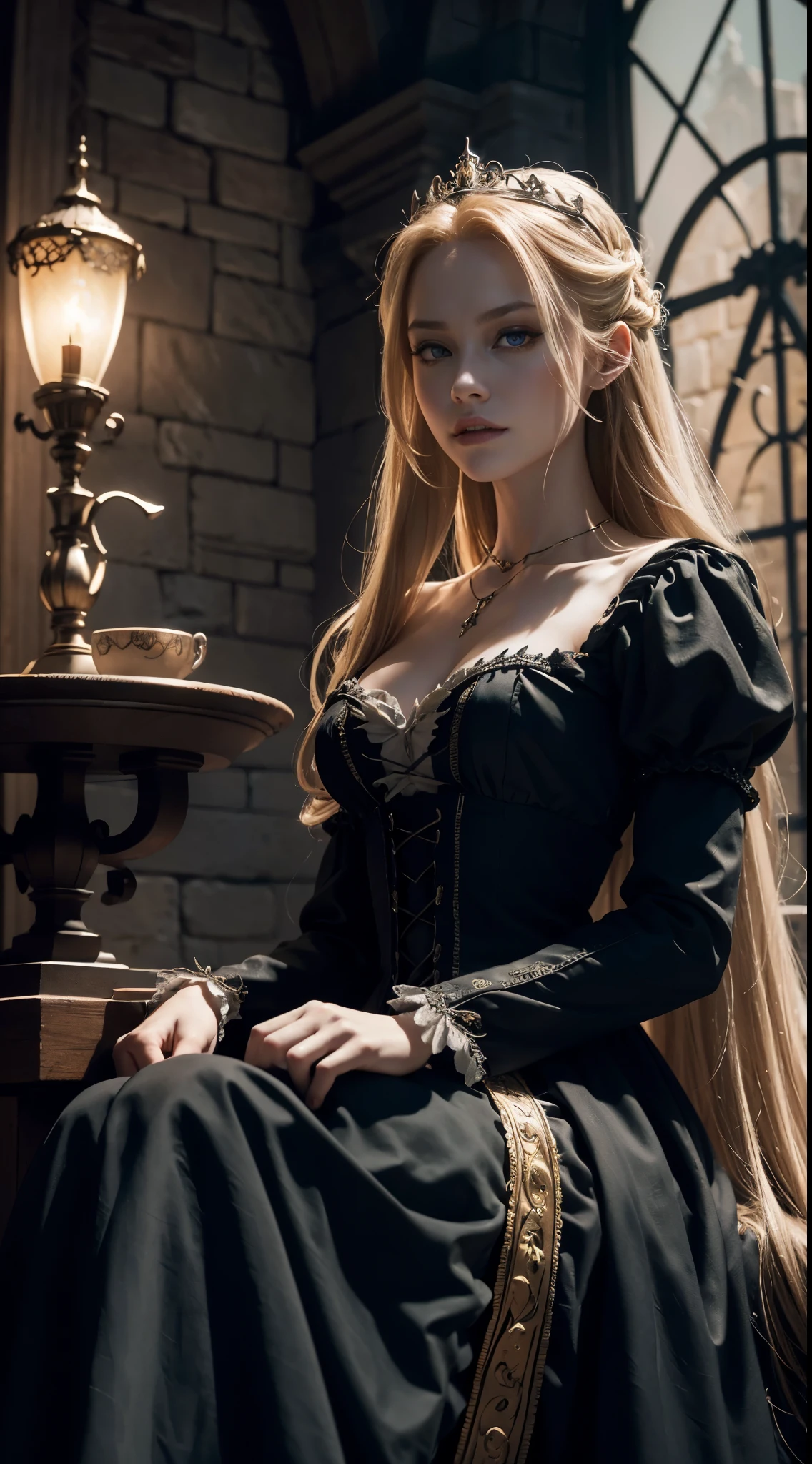 Character Rapunzel, (exquisitely detailed CG unit on 8k wallpaper, quality workmanship with impressive realism), (best lighting, best shadow), (best quality), (elegant and demonic style:1.2), sitting elegantly on a Intricately sculpted chain within a sinister medieval tower, wearing a (Rapunzel's Classic Outfit:1.2), (penetrating blue eyes+long hair:0.8), surrounded by a sinister and dark atmosphere, accentuated by dramatic and striking lighting, imbued with a sense of surreal fantasy