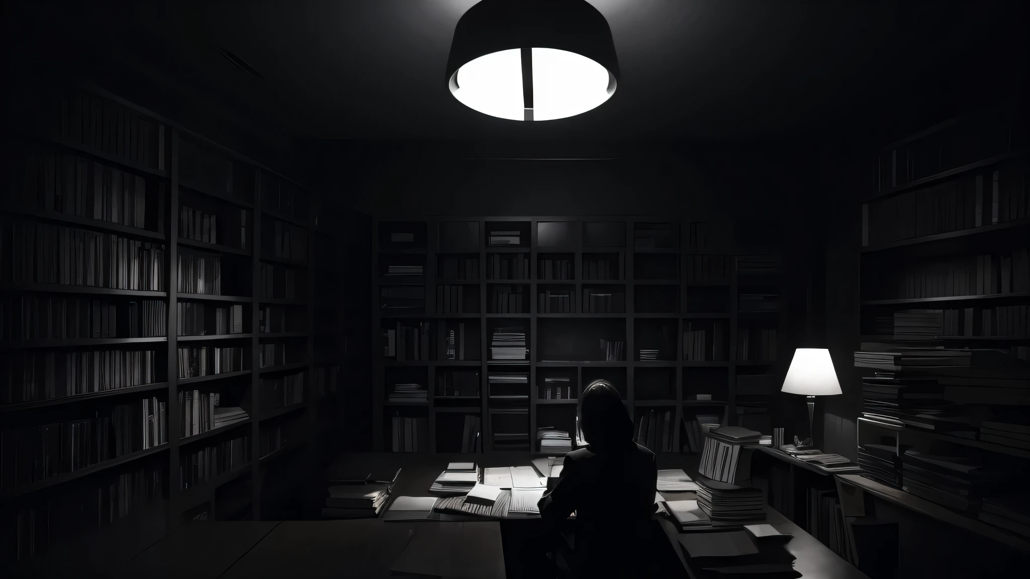 The protagonist surrounded by books and papers, researching in a dimly lit room with a sense of foreboding, blurry and in black and white.