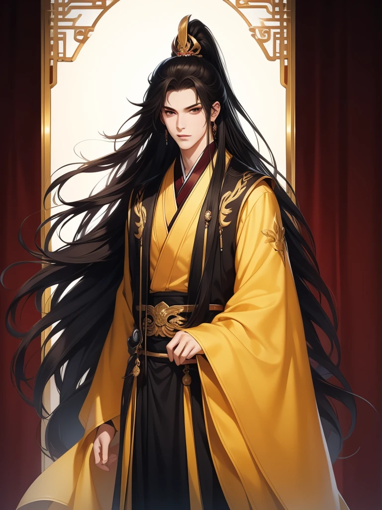 Best quality at best,tmasterpiece,16k,,A man with long hair,(Black Hanfu:1.5),asian architecture interior,Ancient Chinese court style,
