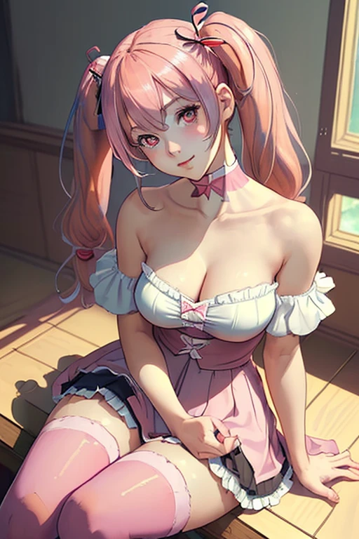 (looking at viewer:1.2), BREAK,
(1girl:1.2), (solo:1.0), (sitting:1.0), (large breasts:1.0), (blush:1.0), (smile:1.0), (pink hair:1.2),  (thighhighs:1.0), (red ribbon:1.0), (hair ornament:1.0), (cleavage:1.0), (bare shoulders:1.1), (twintails:1.2), (sitting:1.0), (collarbone:1.1), (microskirt:1.0), (head tilt:1.0), (egirl clothes:1.0), EGirlMakeup, BREAK,
(masterpiece:1.4), (beautiful and aesthetic:1.4) 