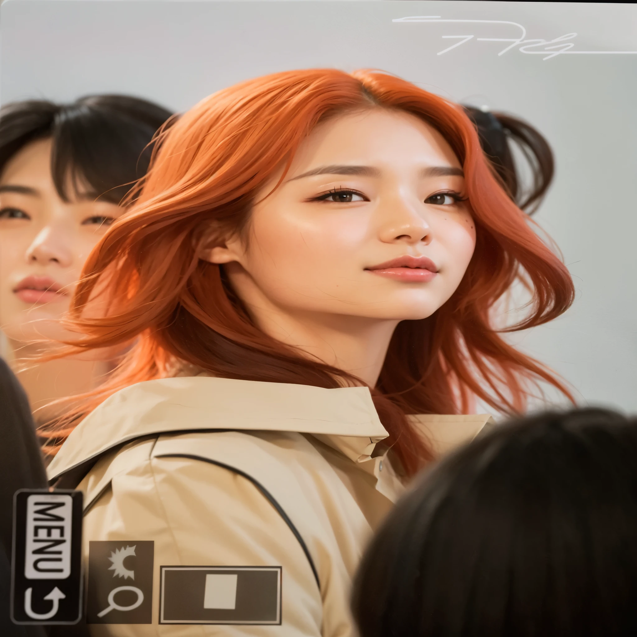 foto arafada de uma mulher ruiva e um homem com um celular, ela tem cabelos longos e redorange, Kim Doyoung, ela tem cabelo ruivo, Sun Yunjoo, ela tem longos cabelos castanhos alaranjados, jaeyeon nam, taejune kim, Jinyoung Shin, heonhwa choe, Kim Hyun Joo, jossi do blackpink